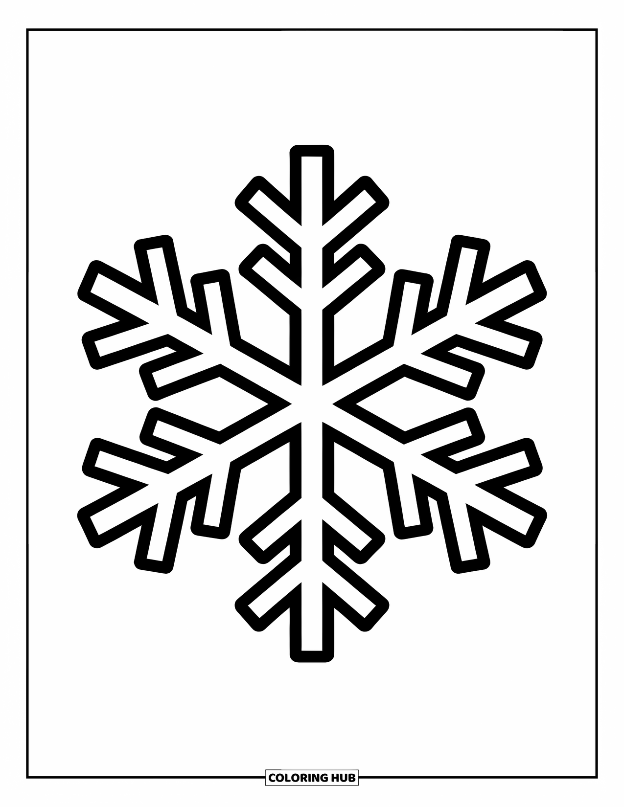 Snowflake Coloring Page for Kids: A snowflake with thick arms stands out against a plain white background