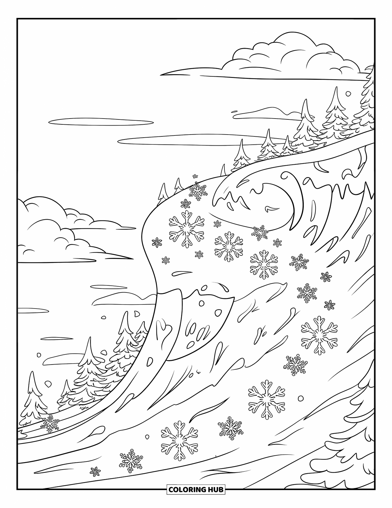 Snowflake Coloring Page for Kids: A snowy mountain with swirling snowflakes and clouds creates a peaceful winter scene