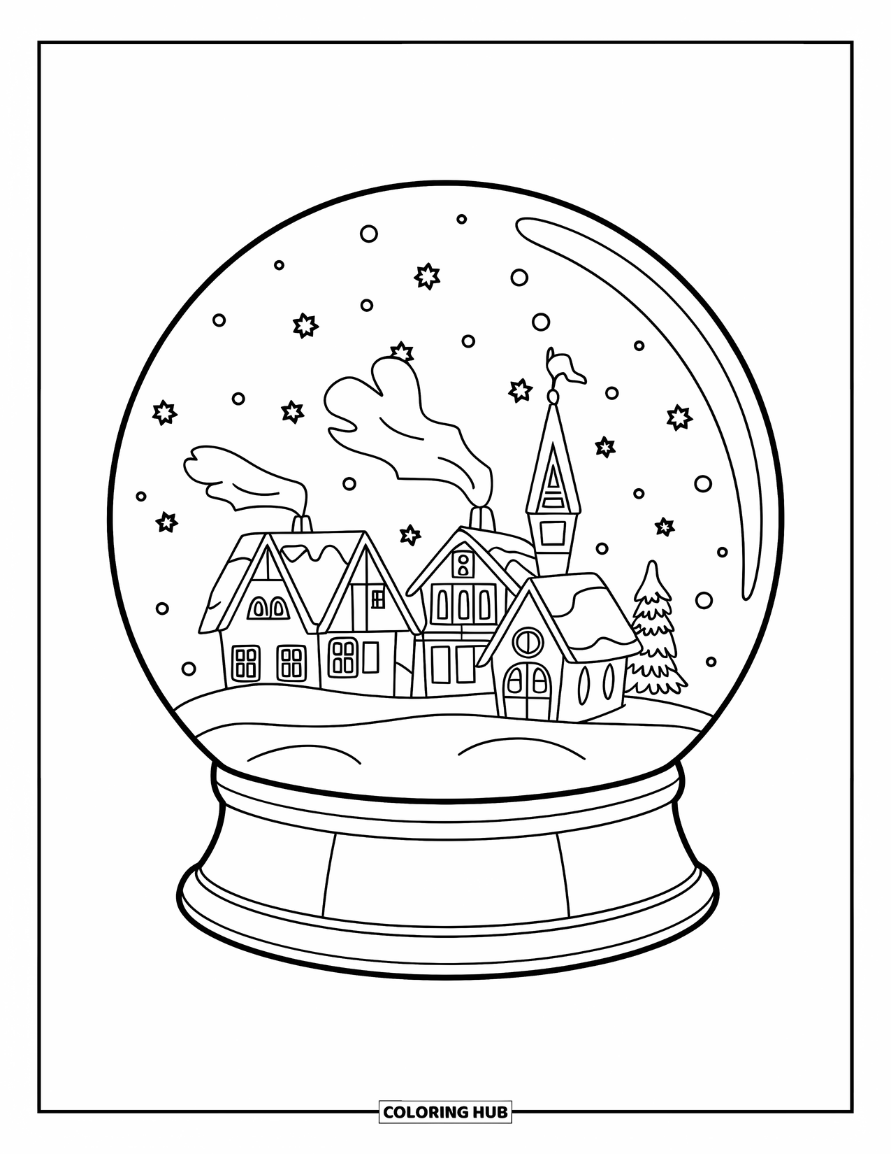 Snowflake Coloring Page for Kids: A tiny village inside a snow globe glows as snowflakes swirl around