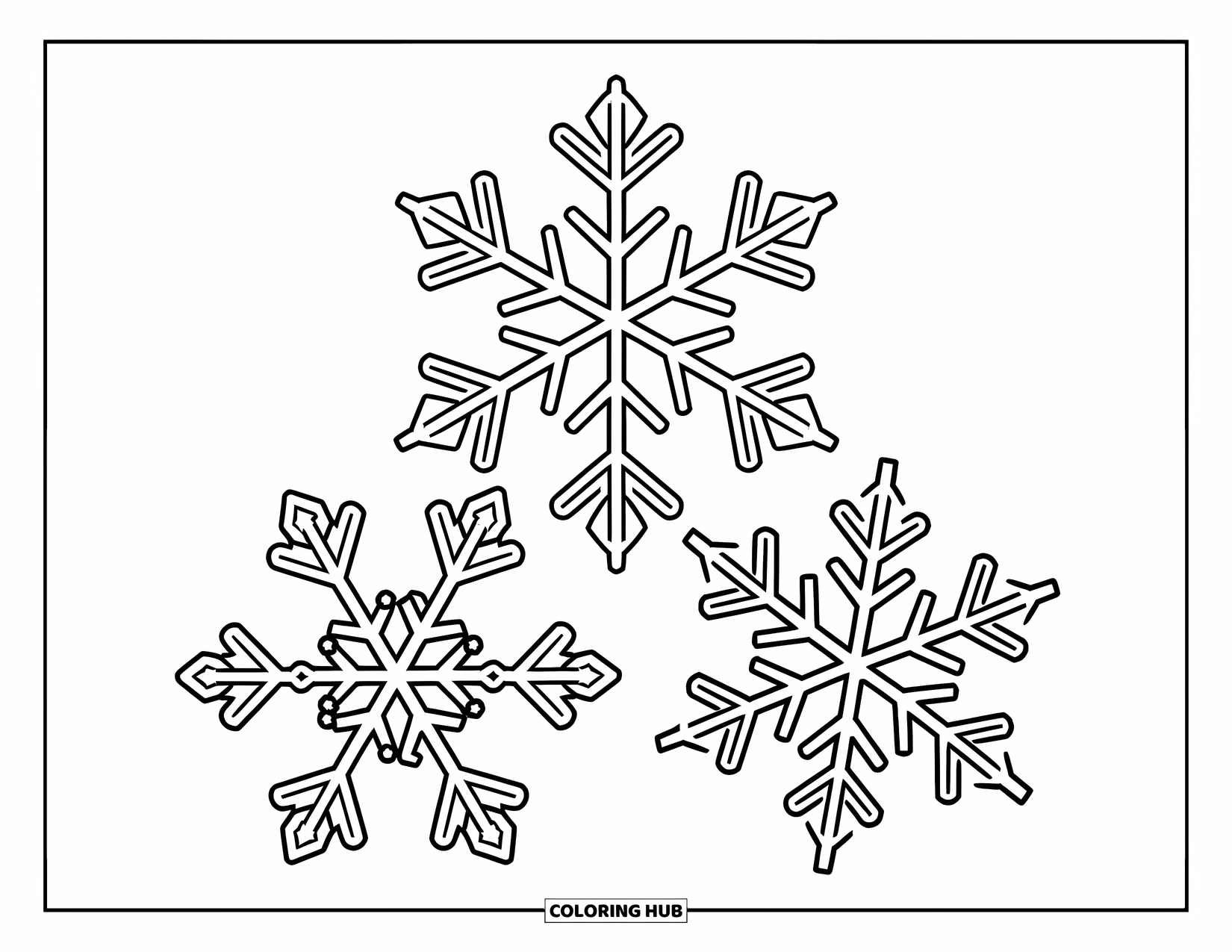 Snowflake Coloring Page for Kids: A trio of pretty snowflakes with crisp lines and frosty sparkles drift through the air
