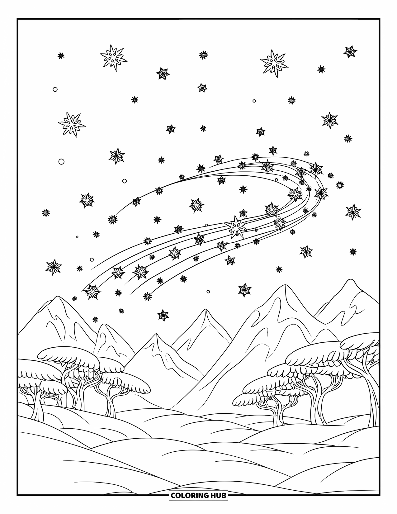 Snowflake Coloring Page for Kids: A wind trail of snowflakes dances through a star-filled night above snowy trees