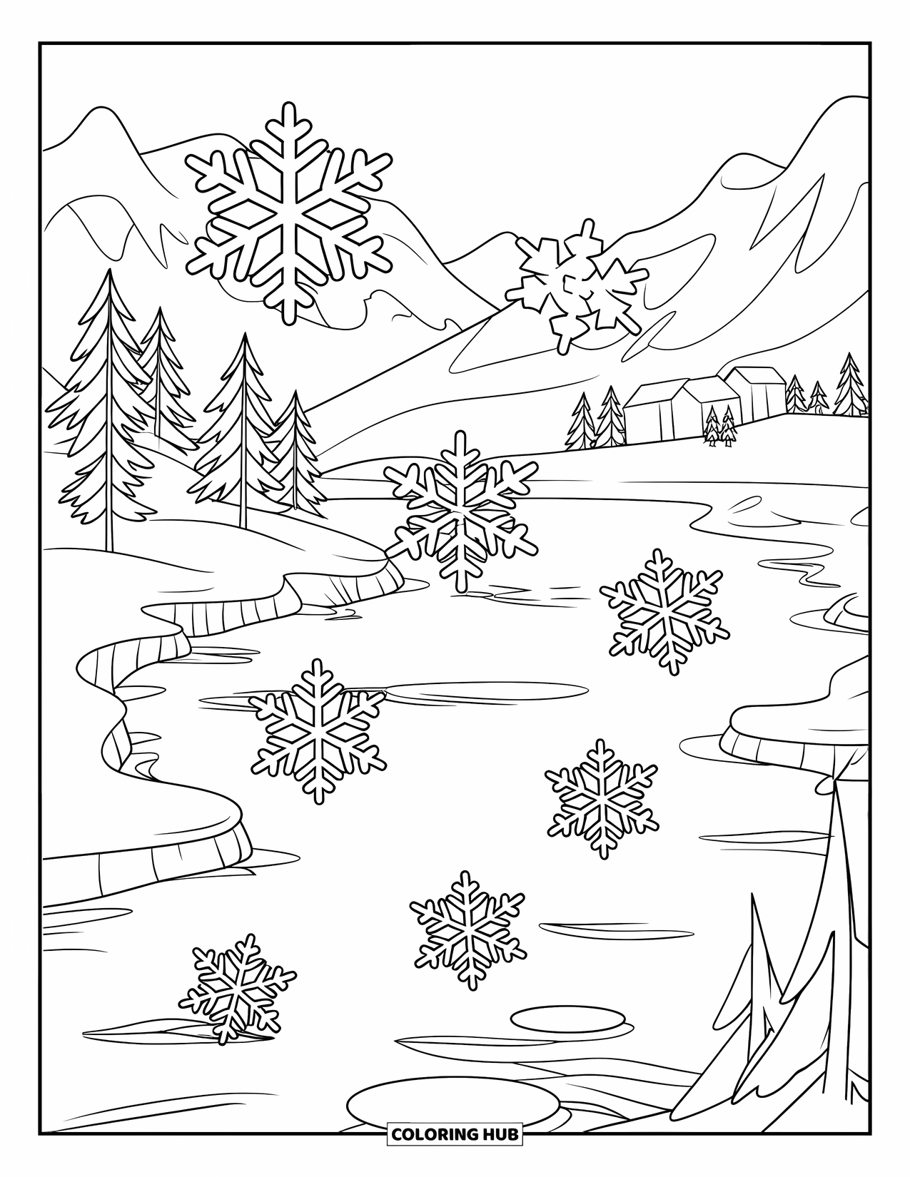 Snowflake Coloring Page for Kids: Snowflakes drift above a frozen lake beside snow-covered trees and quiet cabins