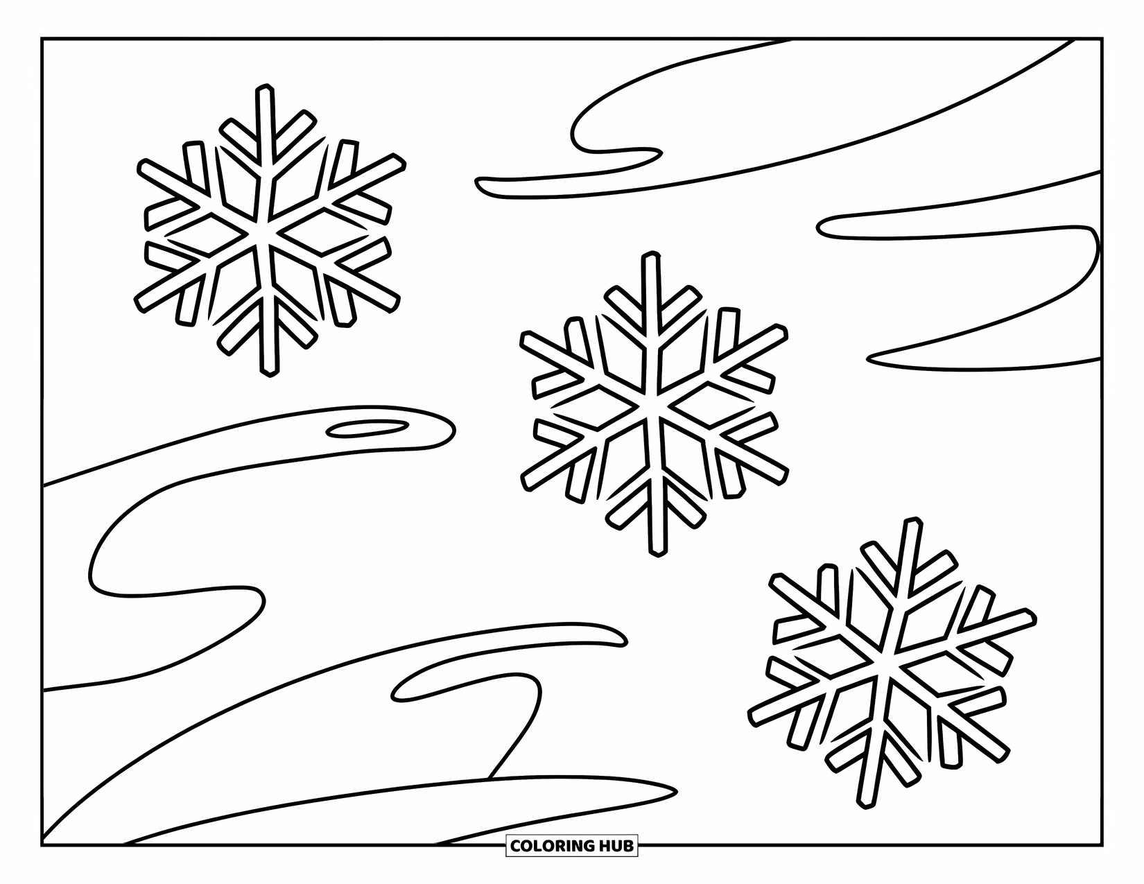 Snowflake Coloring Page for Kids: Snowflakes drift gently with wind swirls in a cheerful, simple winter scene