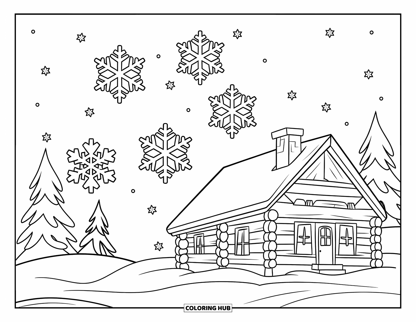 Snowflake Coloring Page for Kids: Snowflakes fall gently on a cozy cabin nestled among snow-covered trees