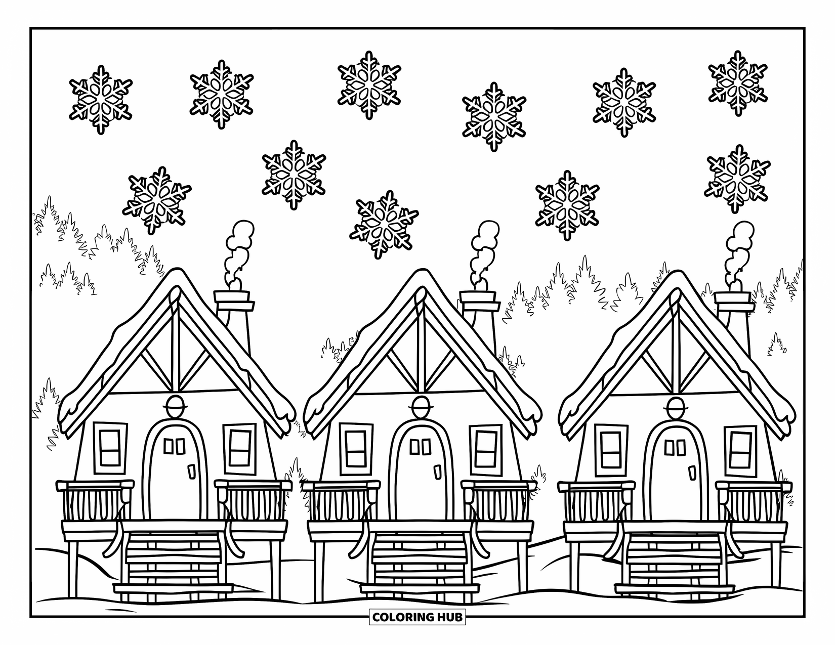 Snowflake Coloring Page for Kids: Snowflakes fall gently over cozy cabins with chimneys and wooden steps