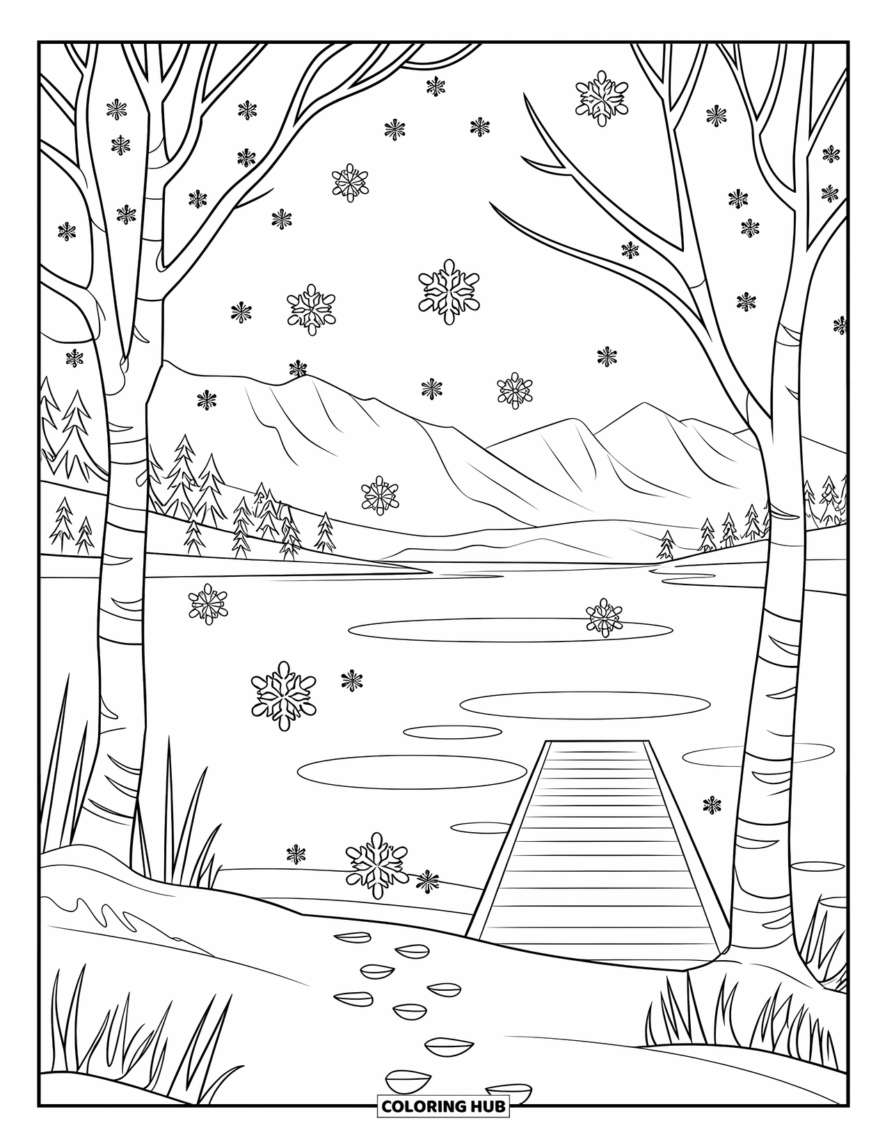 Snowflake Coloring Page for Kids: Snowflakes fall over a calm lake, reflecting snowy trees and mountain views