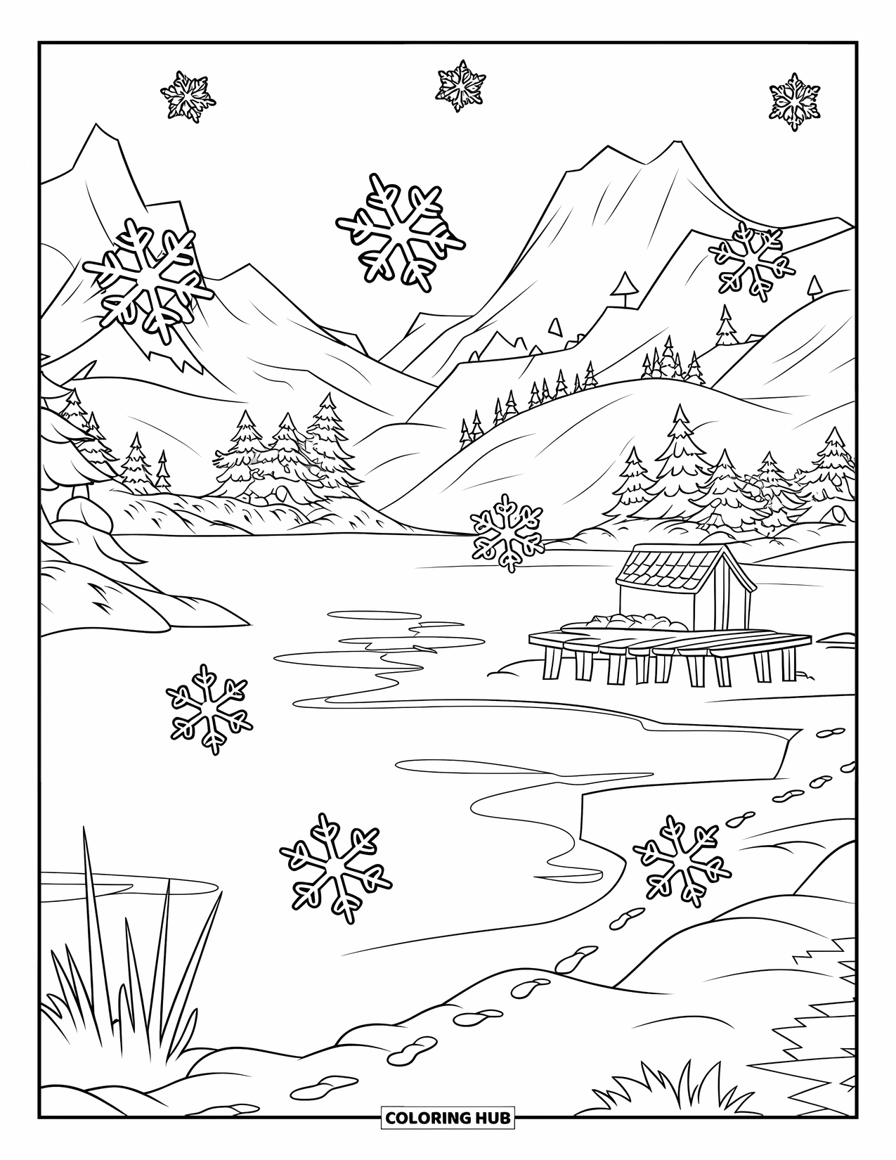 Snowflake Coloring Page for Kids: Snowflakes land gently on a frozen lake with trees and a wooden platform