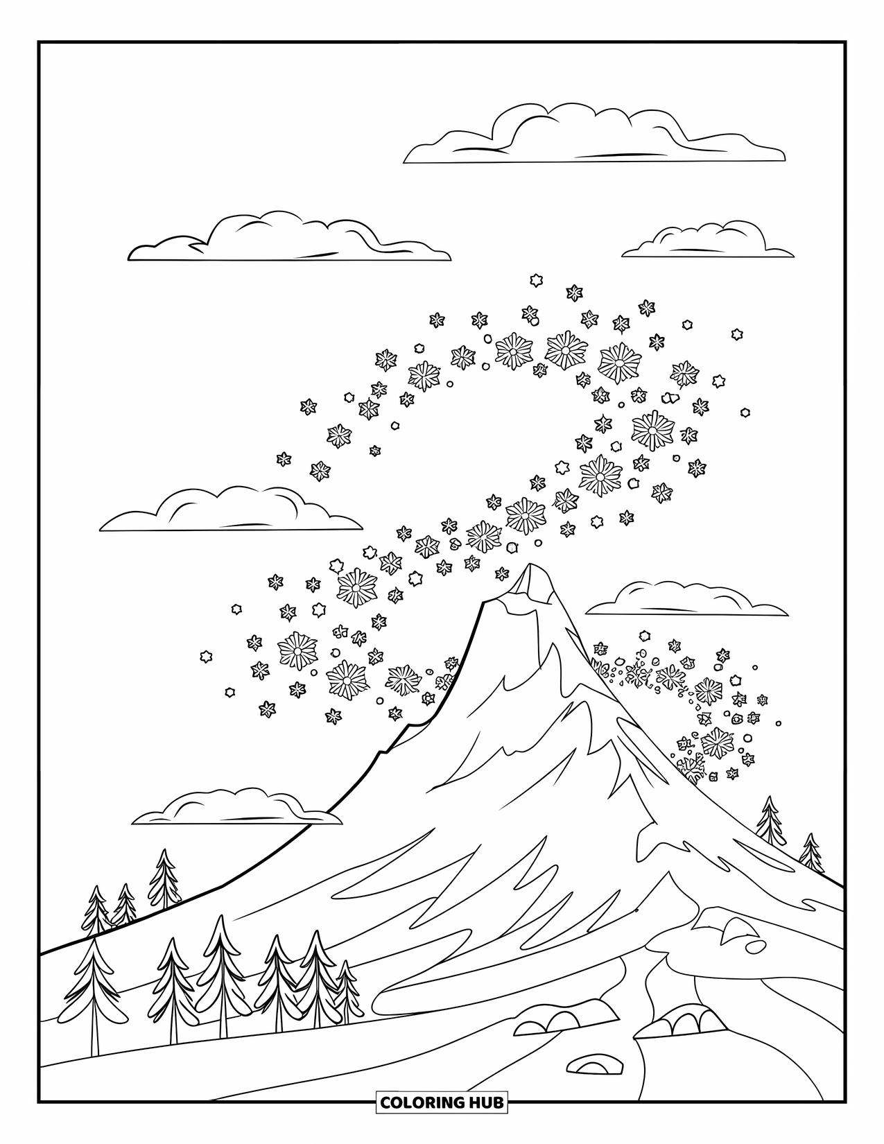 Snowflake Coloring Page for Kids: Snowflakes swirl down a snowy mountain with trees and clouds above