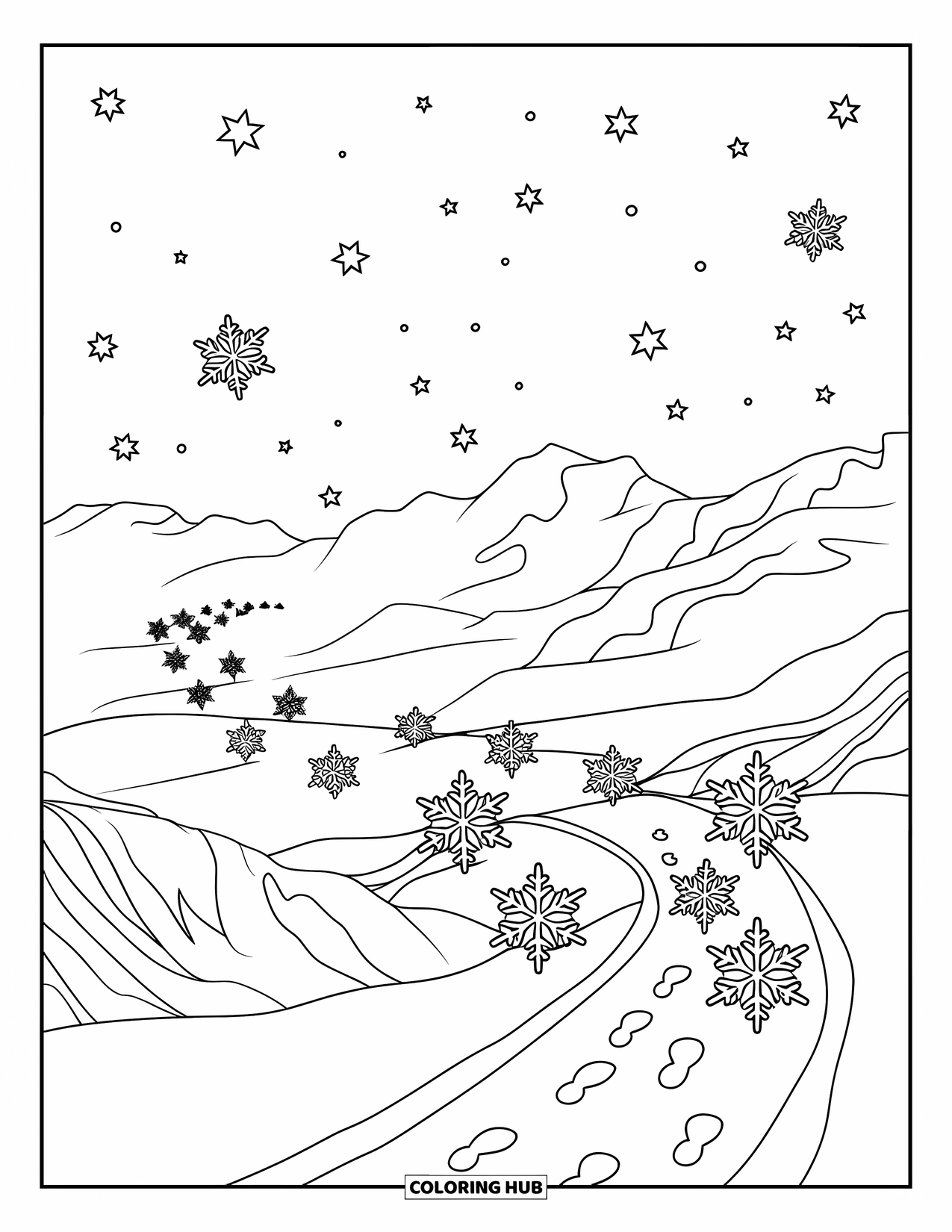 Snowflake Coloring Page for Kids: Snowflakes swirl in the wind across a starry sky with mountains in the distance