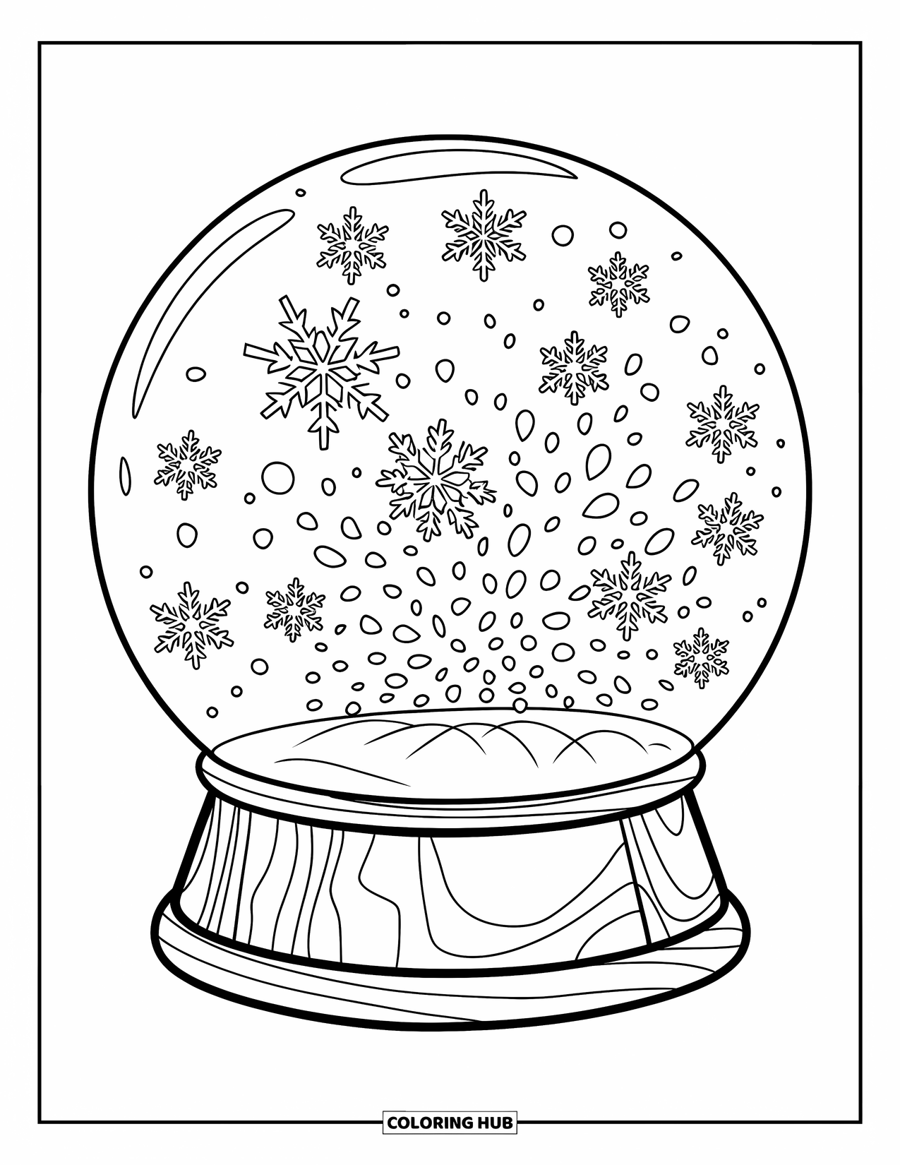 Snowflake Coloring Page for Kids: Snowflakes swirl inside a globe resting on a wooden base