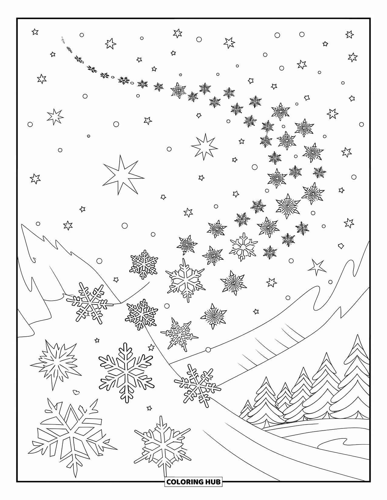 Snowflake Coloring Page for Kids: Snowflakes swirl on a windy path under stars and snowy mountain trees