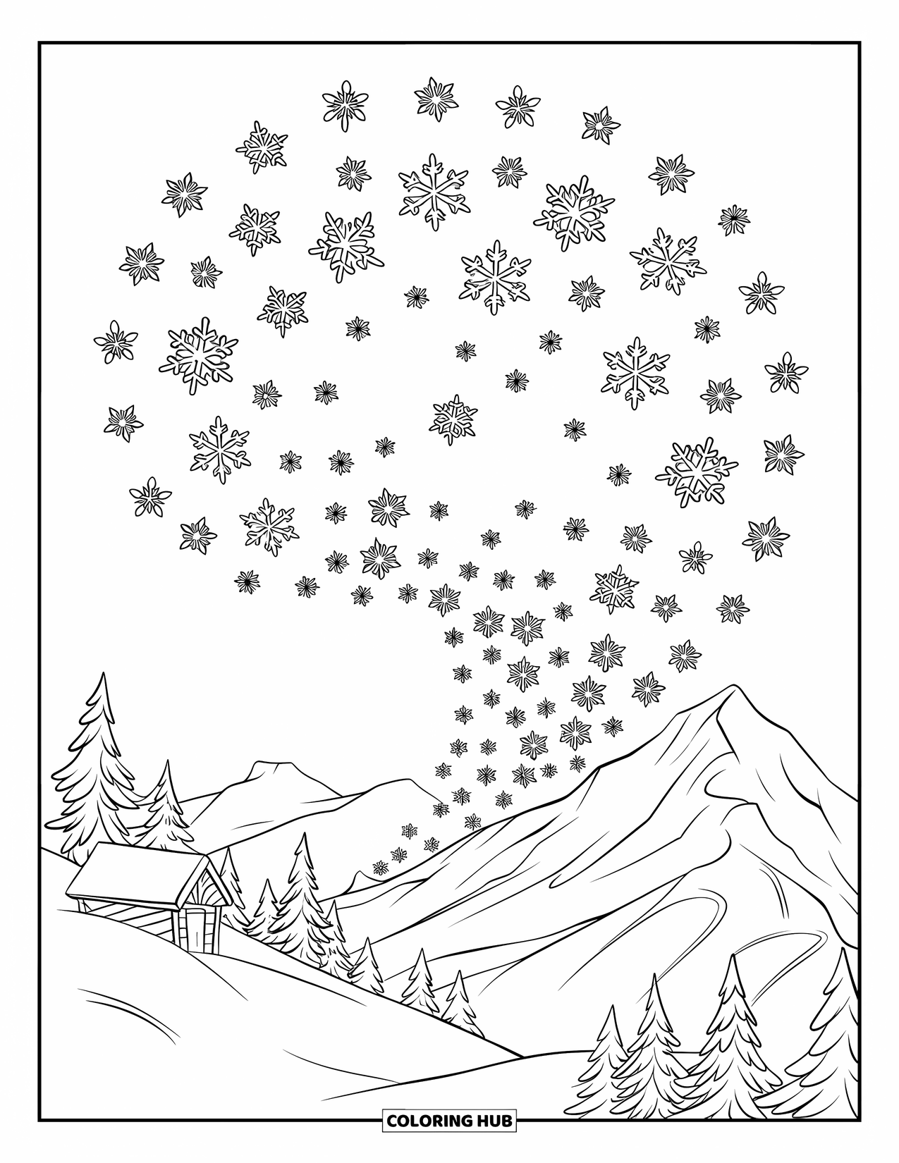Snowflake Coloring Page for Kids: Snowflakes tumble down a mountain with trees and a small cabin below