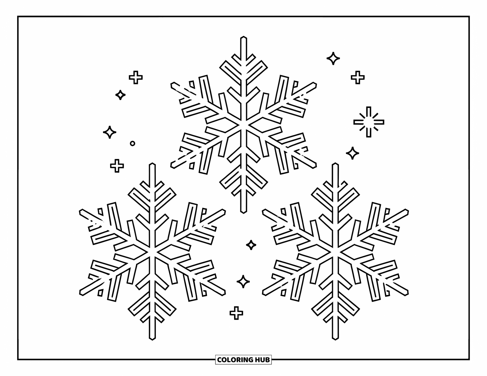 Snowflake Coloring Page for Kids: Three detailed snowflakes float gently with sparkles and frost lines all around