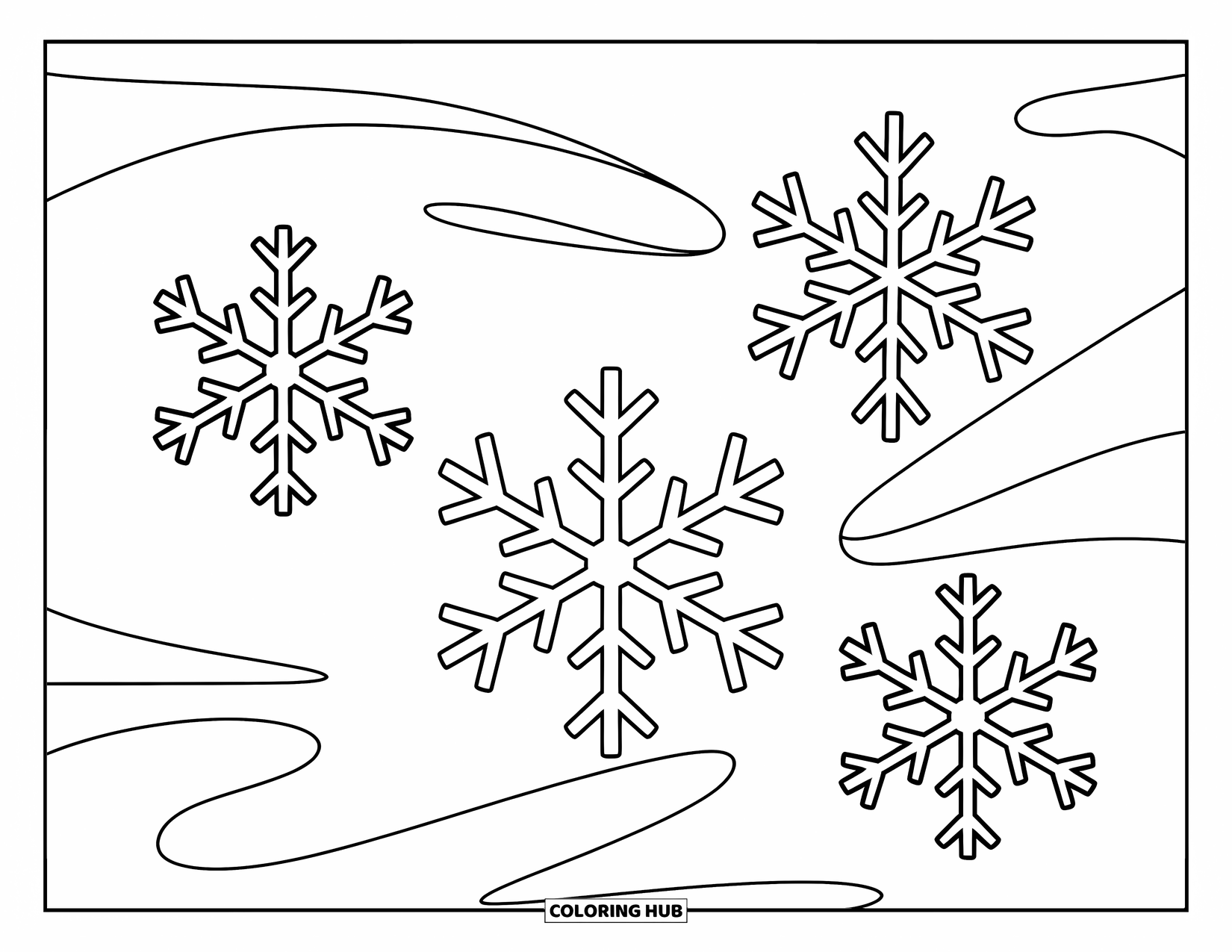 Snowflake Coloring Page for Kids: Three snowflakes fall slowly with playful wind swirls on a snowy day