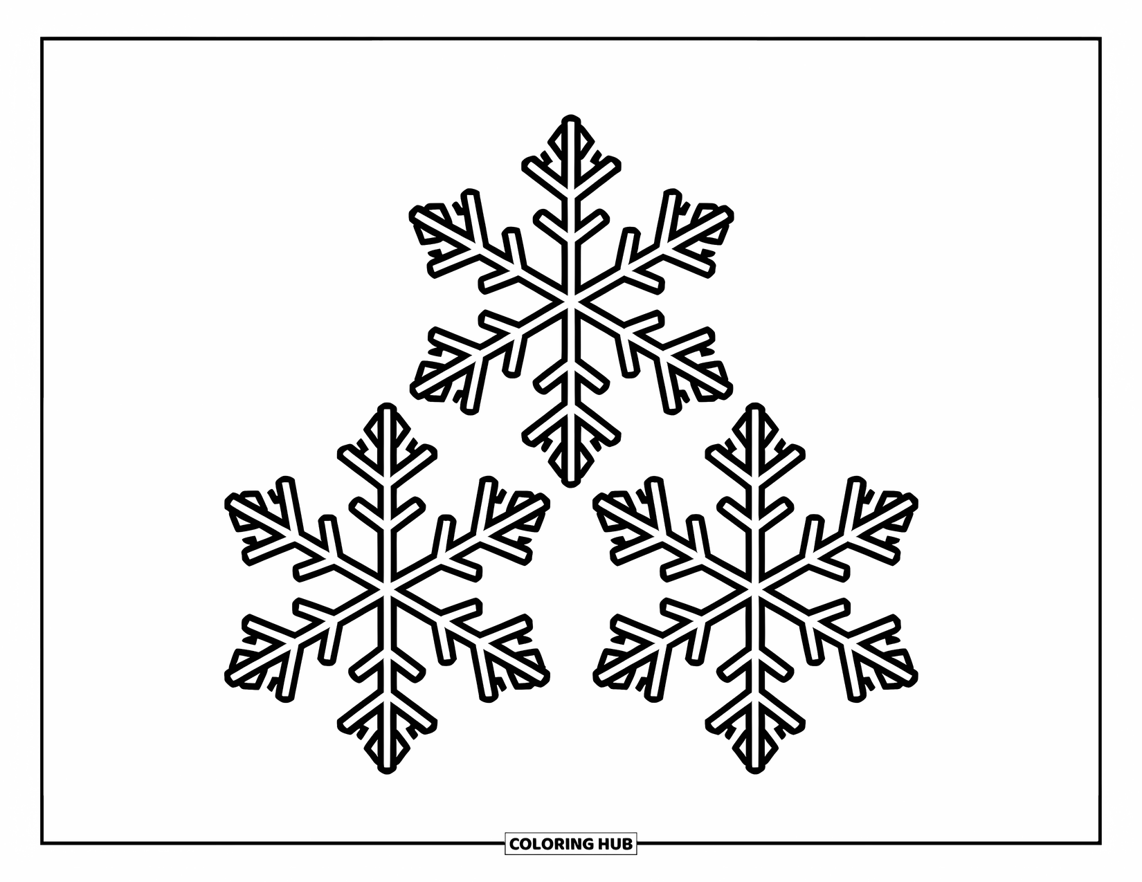 Snowflake Coloring Page for Kids: Three snowflakes with bold arms and sparkles float peacefully on a white background