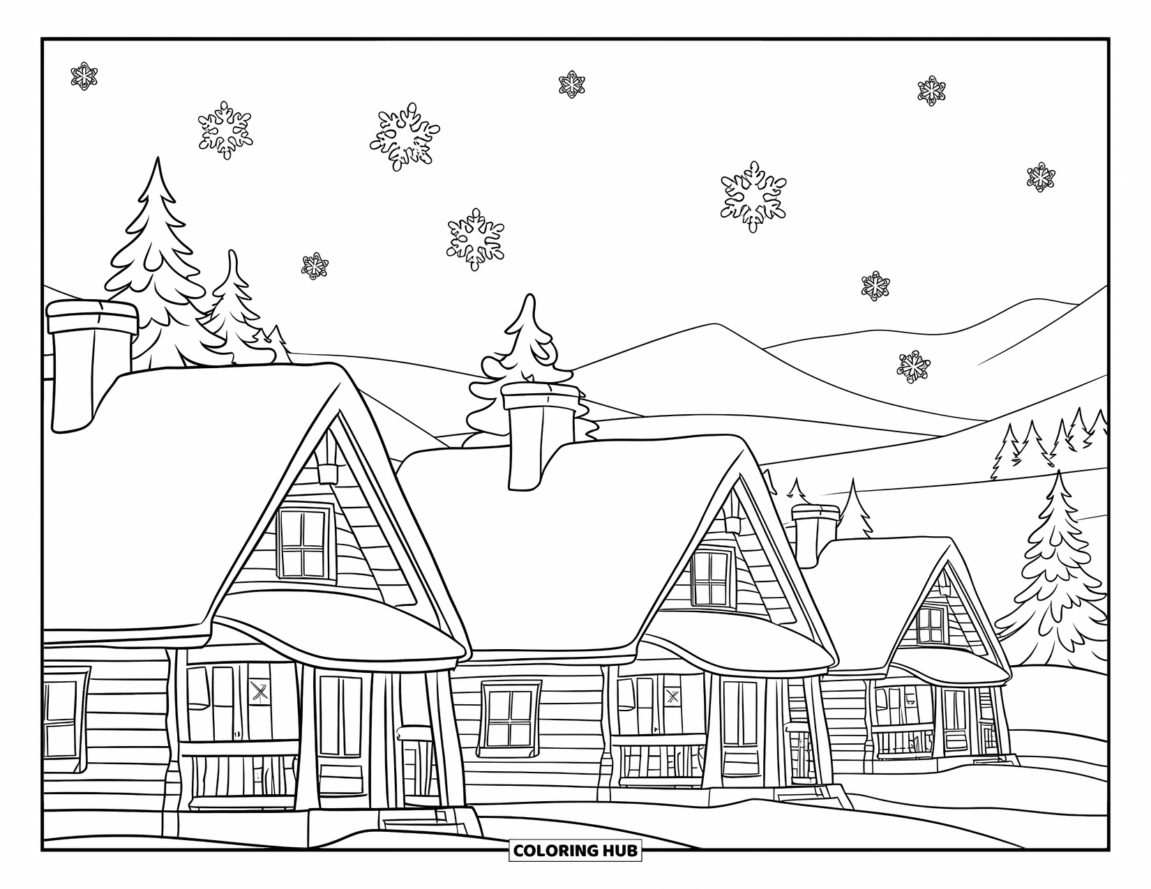 Snowflake Coloring Page for Kids: Three snowy cabins sit below falling snowflakes in a peaceful mountain setting