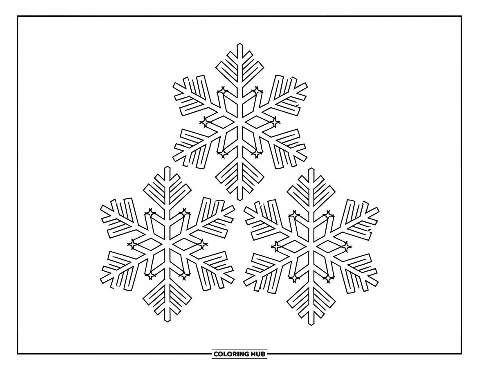 Snowflake Coloring Page for Kids: Three unique snowflakes sparkle midair with delicate frost lines around them