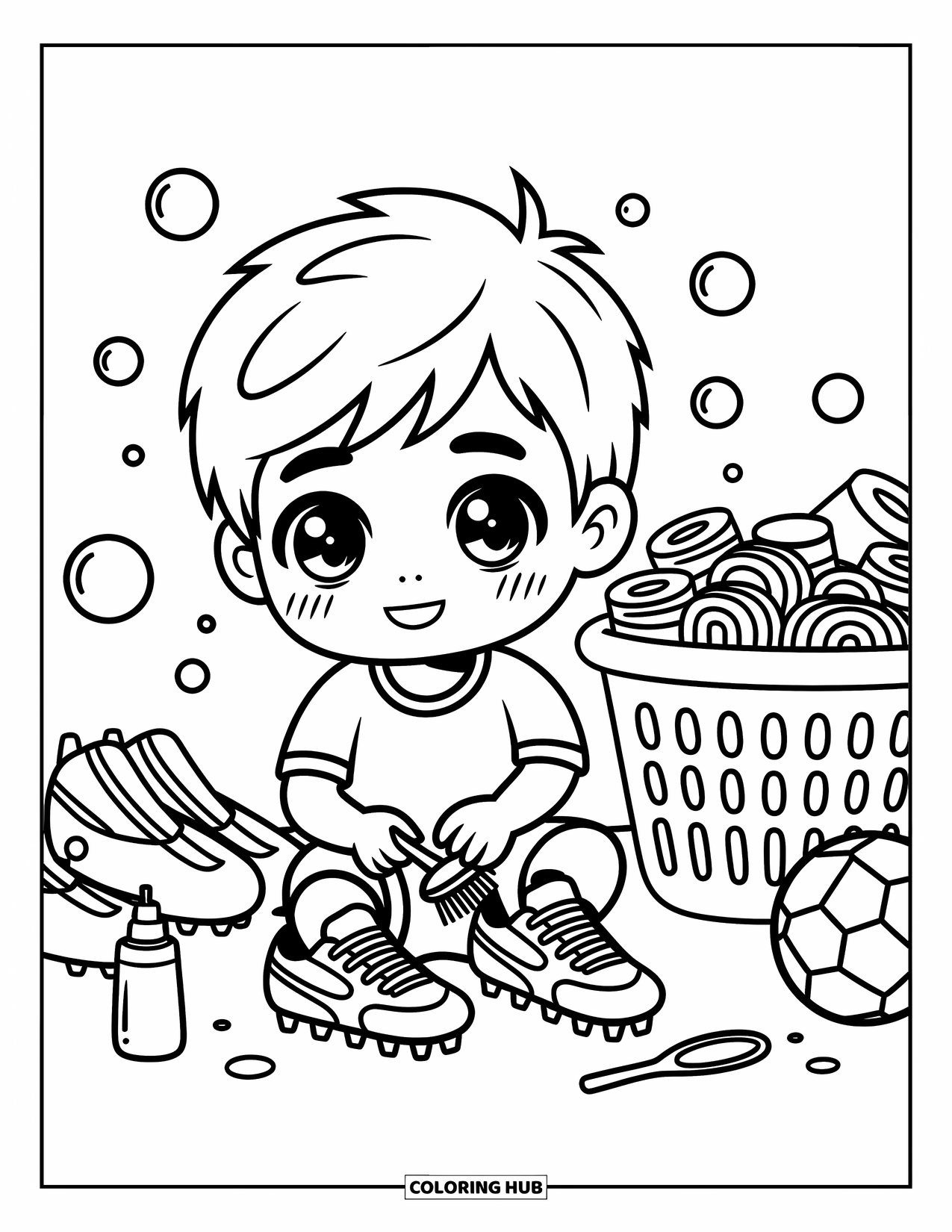 Voetbal Kleurplaat voor Volwassenen: Een vrolijke chibi-jongen maakt zorgvuldig zijn voetbalschoenen schoon, omringd door bubbels en nette spullen