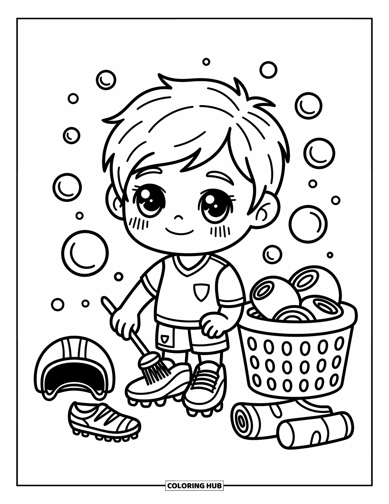 Voetbal Kleurplaat voor Volwassenen: Een chibi-jongen poetst zijn voetbalschoenen naast bubbels, sokken en een mand met voetbalbenodigdheden
