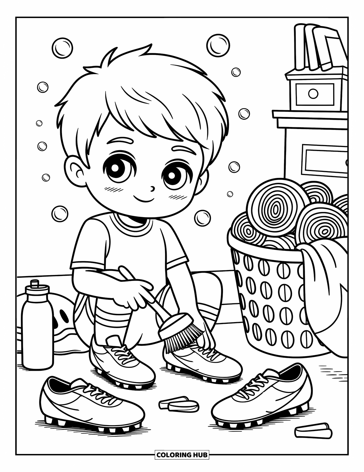 Voetbal Kleurplaat voor Volwassenen: Een chibi-kind maakt voetbalschoenen schoon met een klein borsteltje in de buurt van speelse bubbels en opgeruimde voetbalspullen