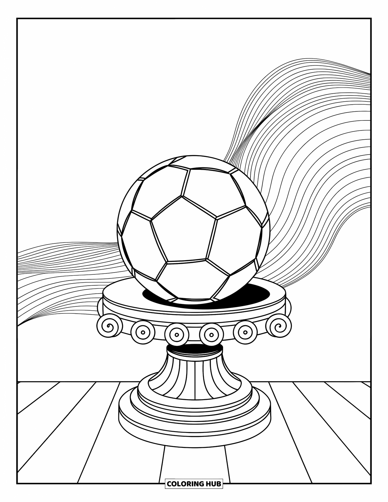 Voetbal Kleurplaat voor Volwassenen: Een gedetailleerde voetbal op een voetstuk straalt elegante patronen uit in een rustig, gedurfd ontwerp