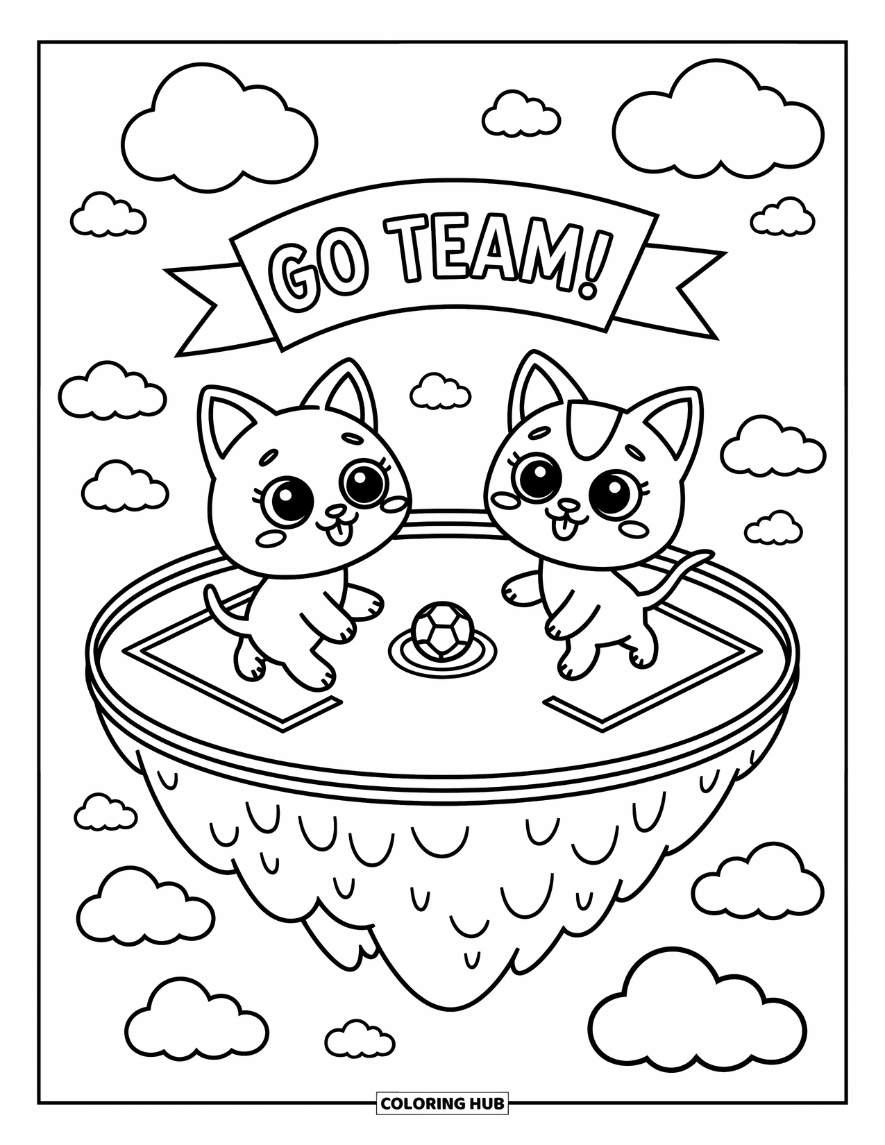 Voetbal Kleurplaat voor Volwassenen: Een zwevend eiland organiseert een vriendschappelijke kat-en-hond wedstrijd met wolken en ìGo Team!î spandoeken eromheen