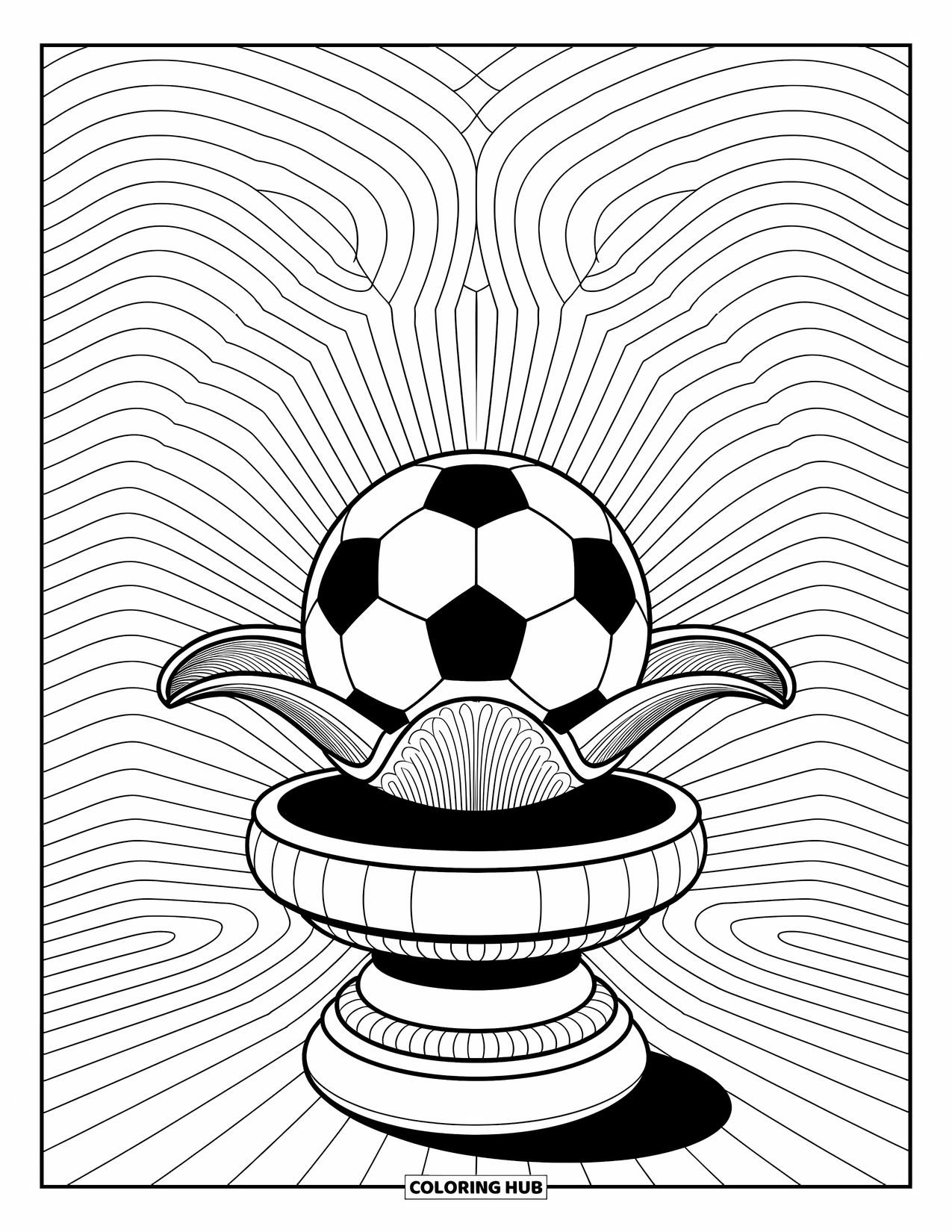 Voetbal Kleurplaat voor Volwassenen: Een sierlijke voetbal zit bovenop een voetstuk, omringd door rustgevende, golfachtige decoratieve patronen