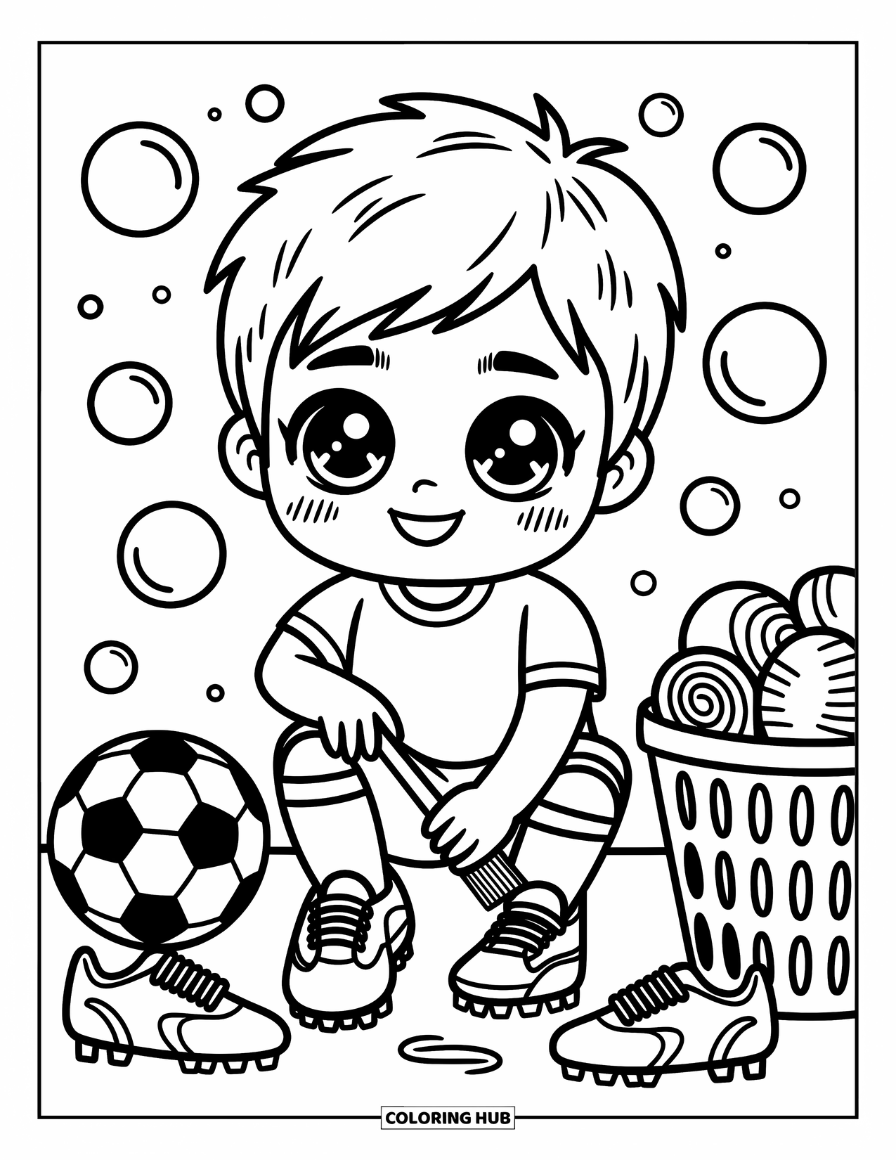 Voetbal Kleurplaat voor Volwassenen: Een vrolijke chibi-jongen maakt zijn schoenen schoon met zwevende bubbels en voetbalspullen in de buurt