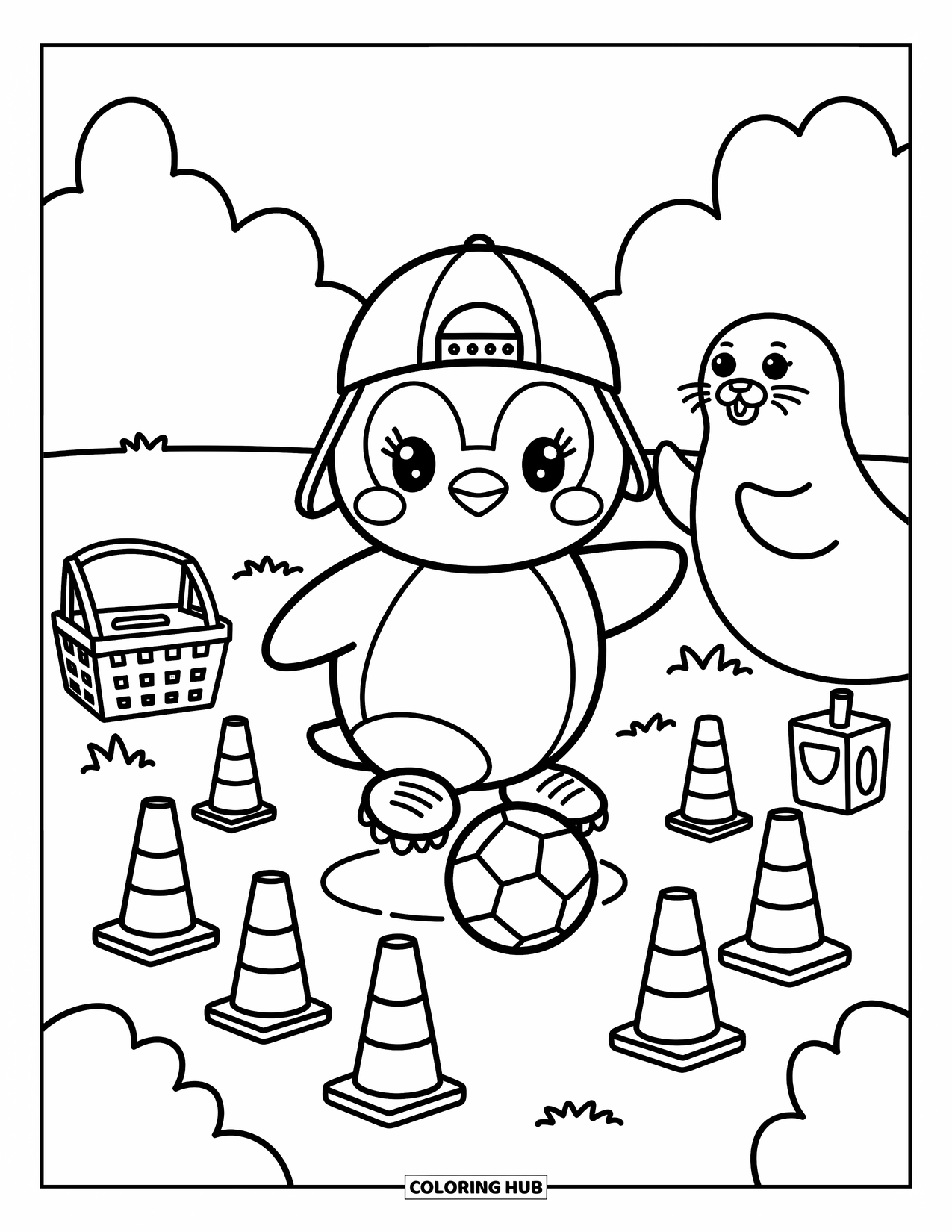 Voetbal Kleurplaat voor Volwassenen: Een pinguïn oefent oefeningen in voetbalschoenen terwijl een zeehond klapt naast een picknickopstelling