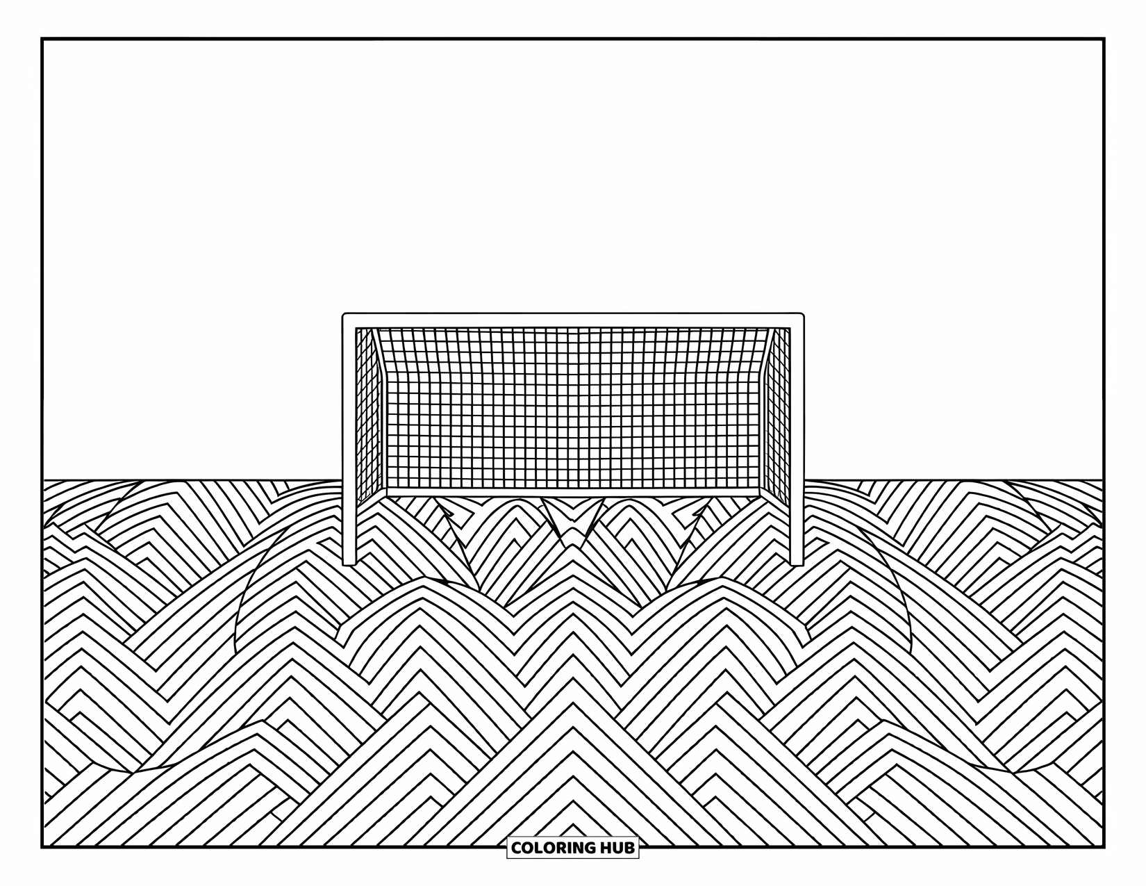 Voetbal Kleurplaat voor Volwassenen: Een rustig voetbaldoel verschijnt in de verte, omlijst door patroongras en rijke achtergronddetails