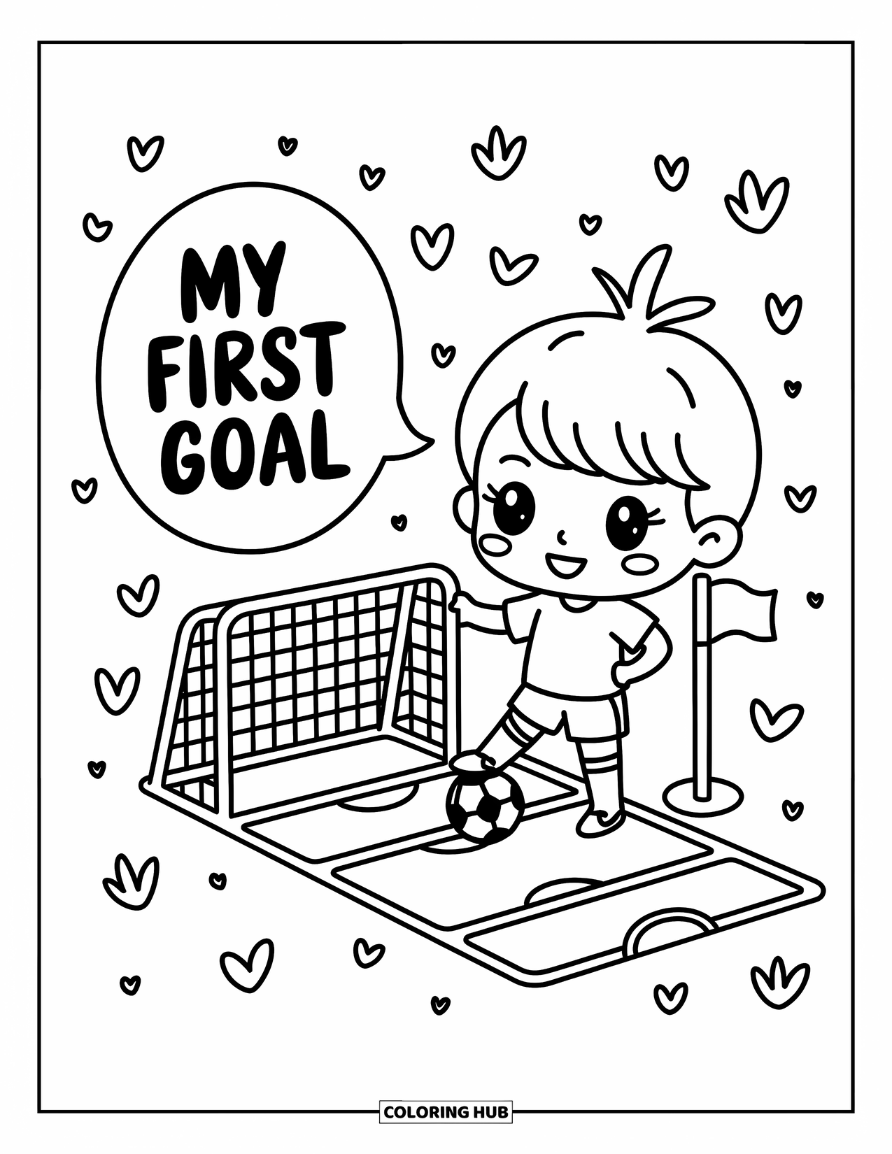 Voetbal Kleurplaat voor Volwassenen: Een lachend kind poseert bij een doelbord, met een vlag in de hand, klaar om feest te vieren