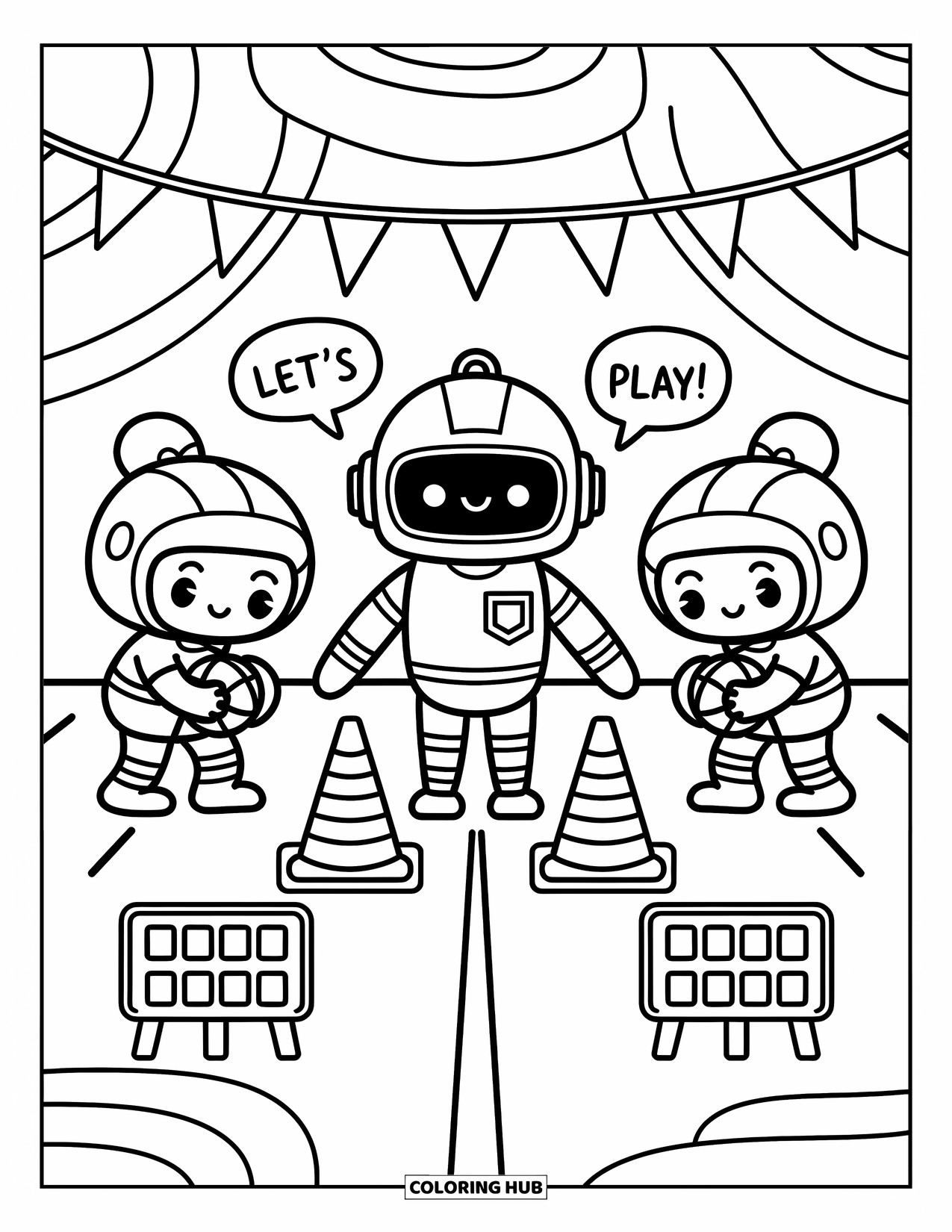 Voetbal Kleurplaat voor Volwassenen: Een lachende robot scheidsrechter staat met spelers naast scoreborden en speelse ìLetís play!î tekstballonnen