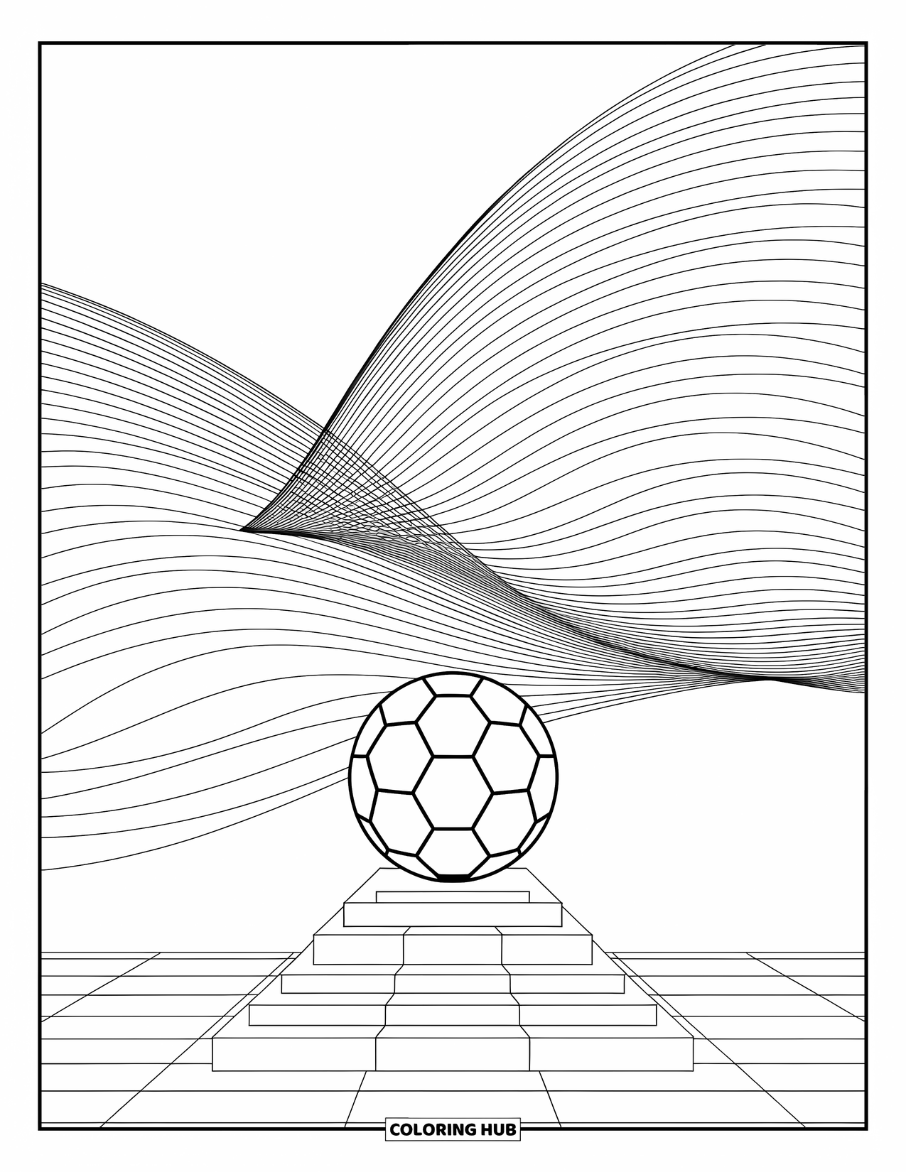 Voetbal Kleurplaat voor Volwassenen: Een voetbal rust op een voetstuk terwijl elegante patronen naar buiten rimpelen in kalme symmetrie