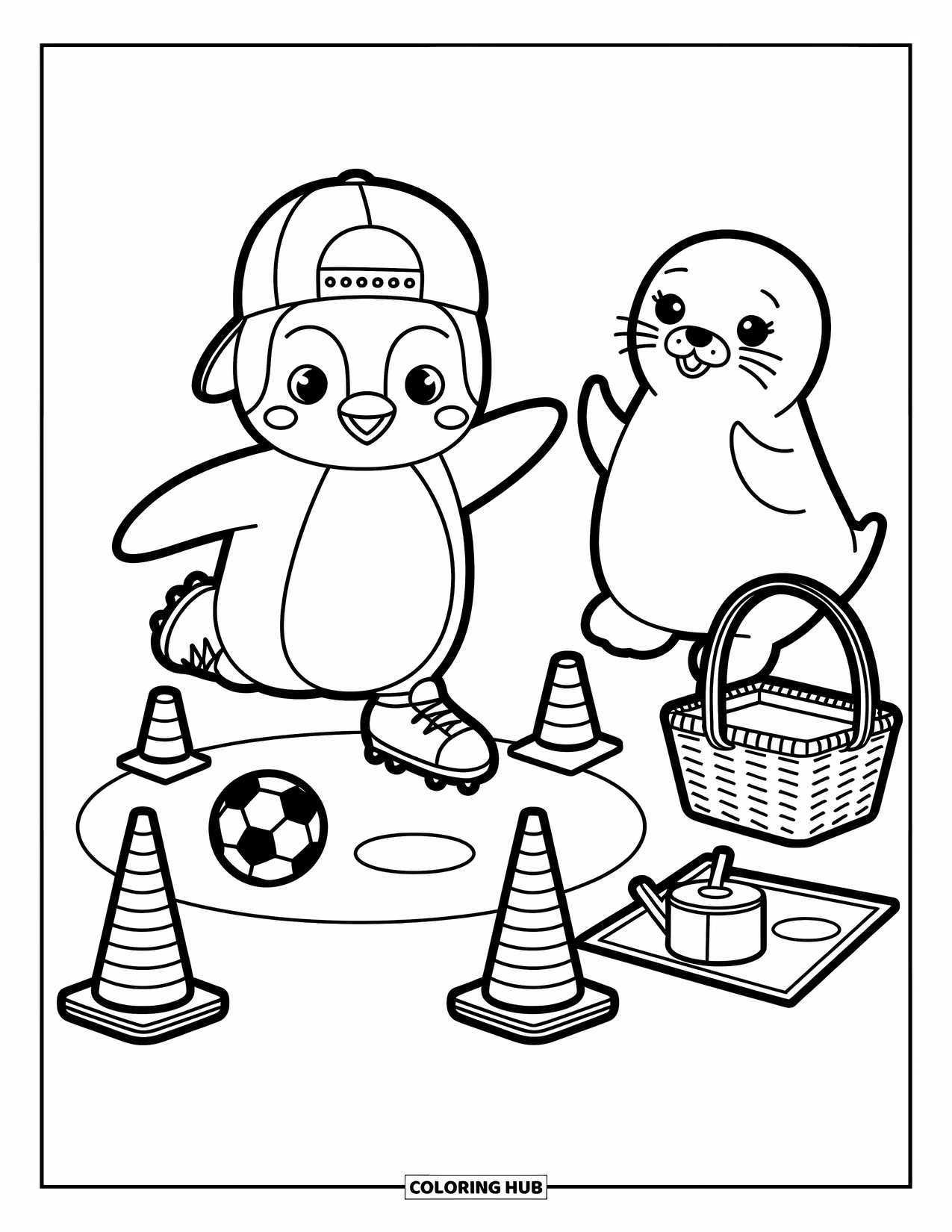 Voetbal Kleurplaat voor Volwassenen: Een kleine pinguïn voert voetbaloefeningen uit terwijl een zeehond klapt naast een picknickmand