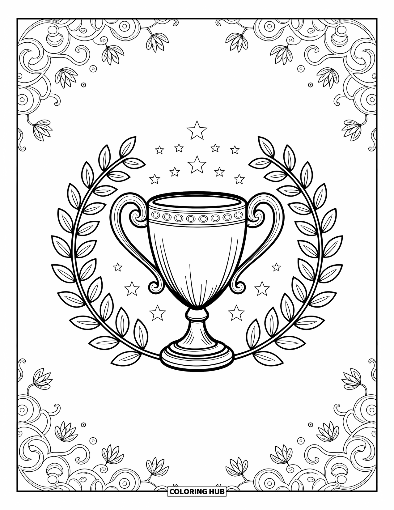 Voetbal Kleurplaat voor Volwassenen: Een trofee met scrollwerk en laurierbladeren schittert tussen sterren en wervelende bloemmotieven