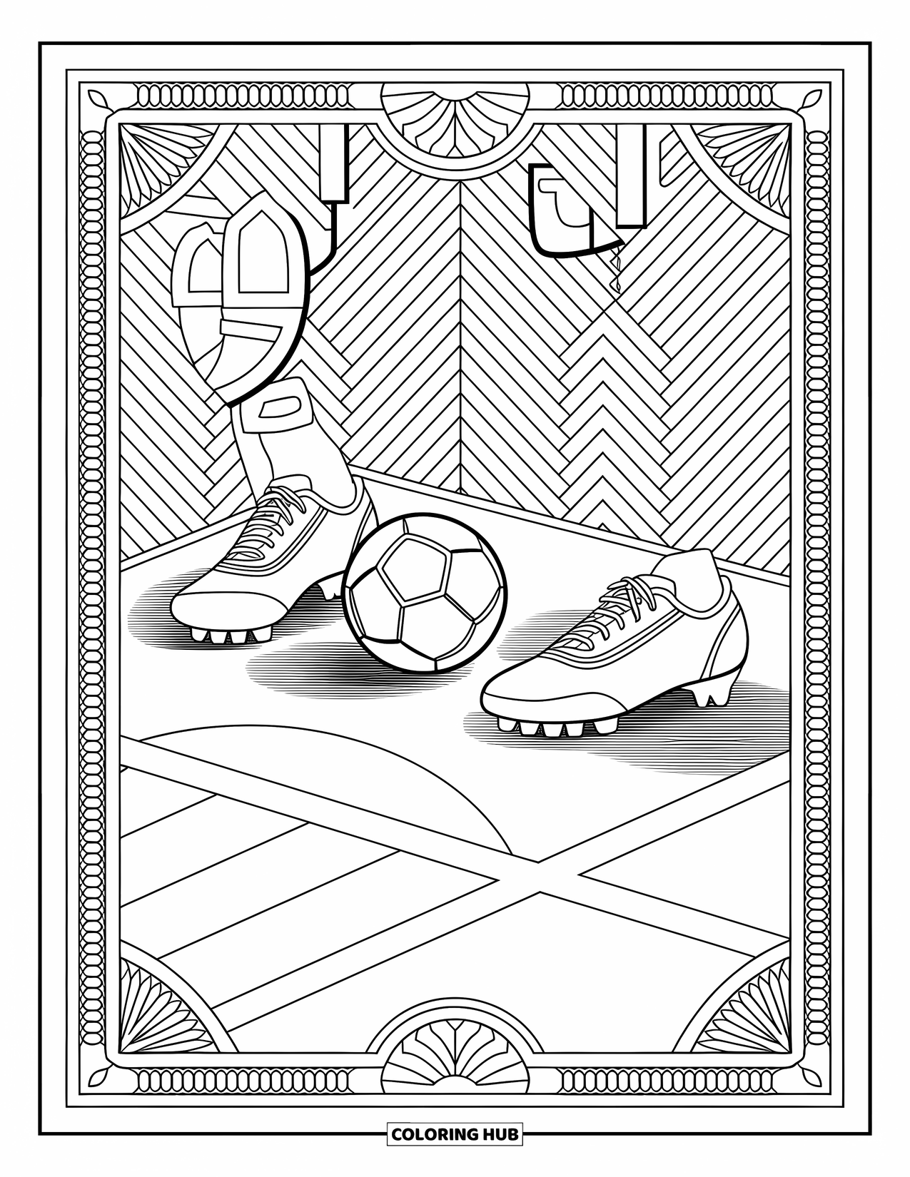 Voetbal Kleurplaat voor Volwassenen: Een vintage voetbalwedstrijd ontvouwt zich met retro uitrusting, omringd door ingewikkelde achtergronden en sierlijke randen