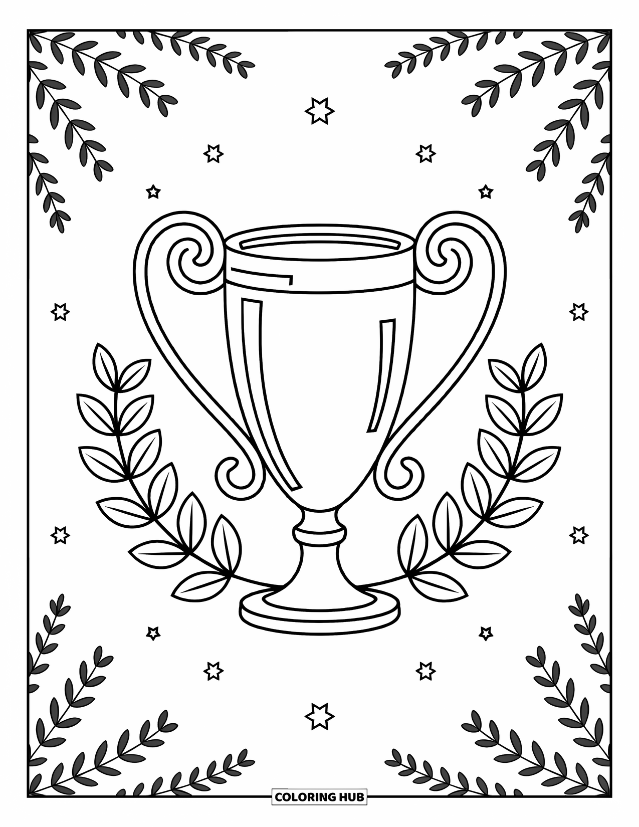 Voetbal Kleurplaat voor Volwassenen: Een elegante trofee is omlijst door laurierbladeren, sterren en rijke, decoratieve details