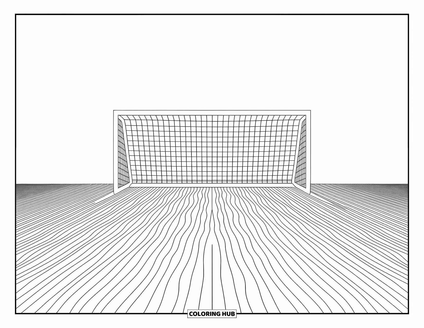 Voetbal Kleurplaat voor Volwassenen: Een leeg doel staat rustig tussen hoog gras en ingewikkelde herhalende patronen door de hele scène