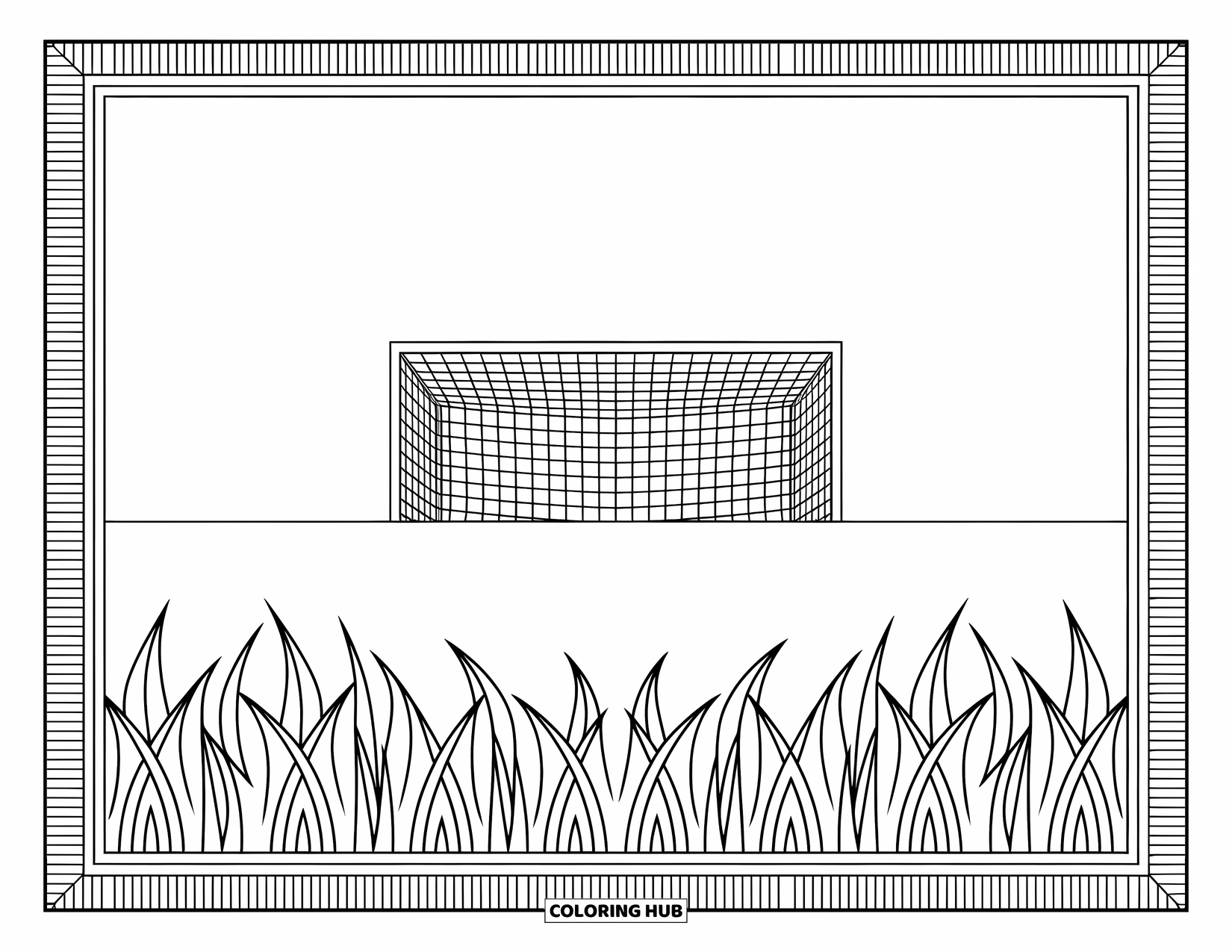 Voetbal Kleurplaat voor Volwassenen: Een leeg voetbaldoel staat vredig in hoog gras met ingewikkelde, herhalende lijnpatronen