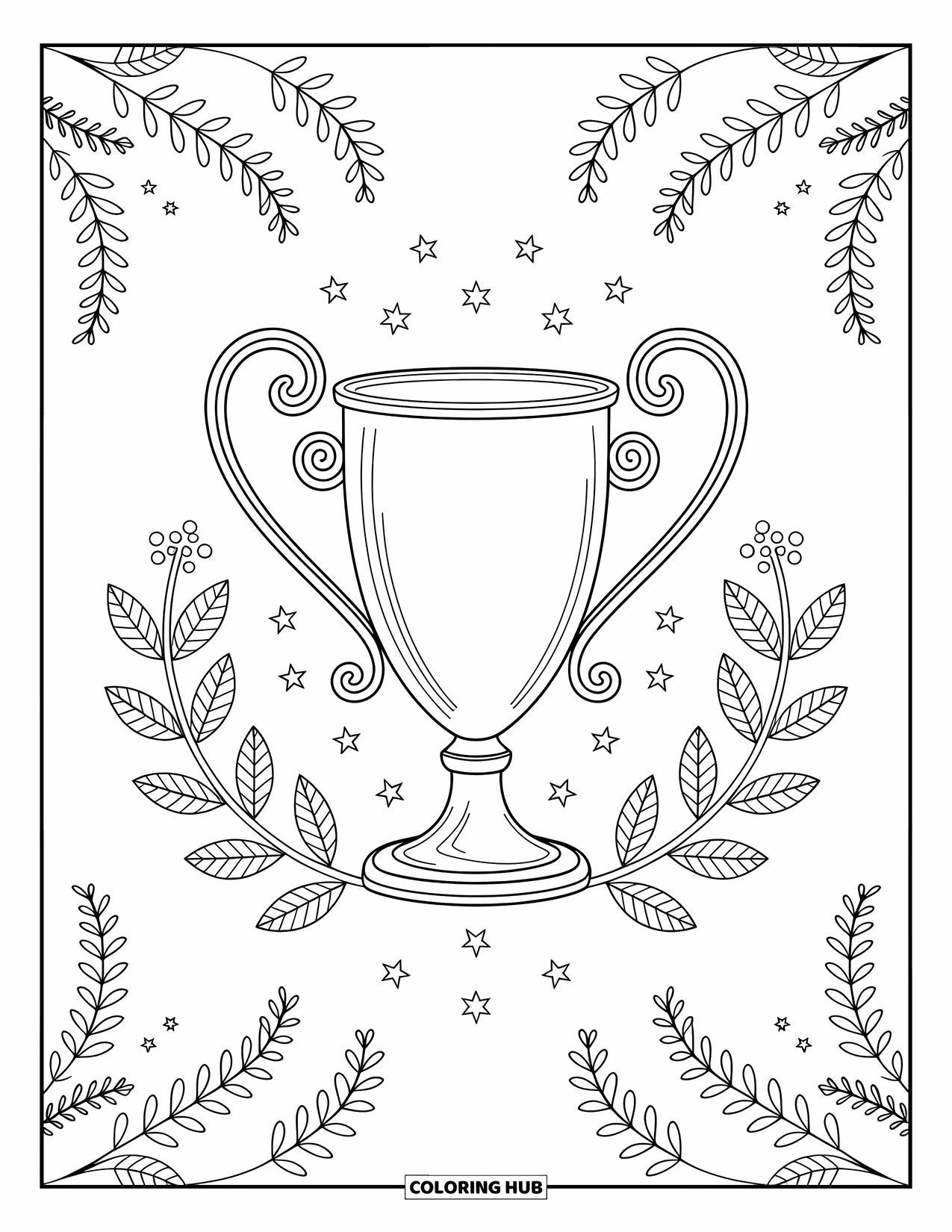 Voetbal Kleurplaat voor Volwassenen: Een sierlijke trofee staat hoog, omlijst door laurierbladeren, sterren en wervelende artistieke patronen