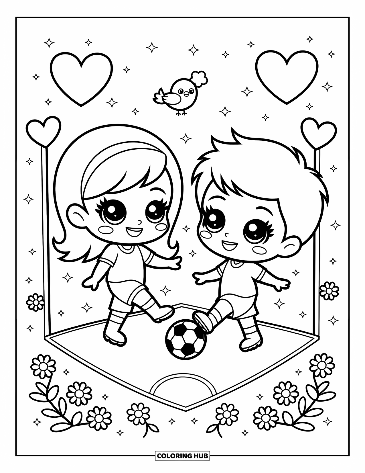 Voetbal Kleurplaat voor Volwassenen: Chibi-kinderen trappen een bal op een veld met hartjesvlaggen, glitters en een juichende vogel