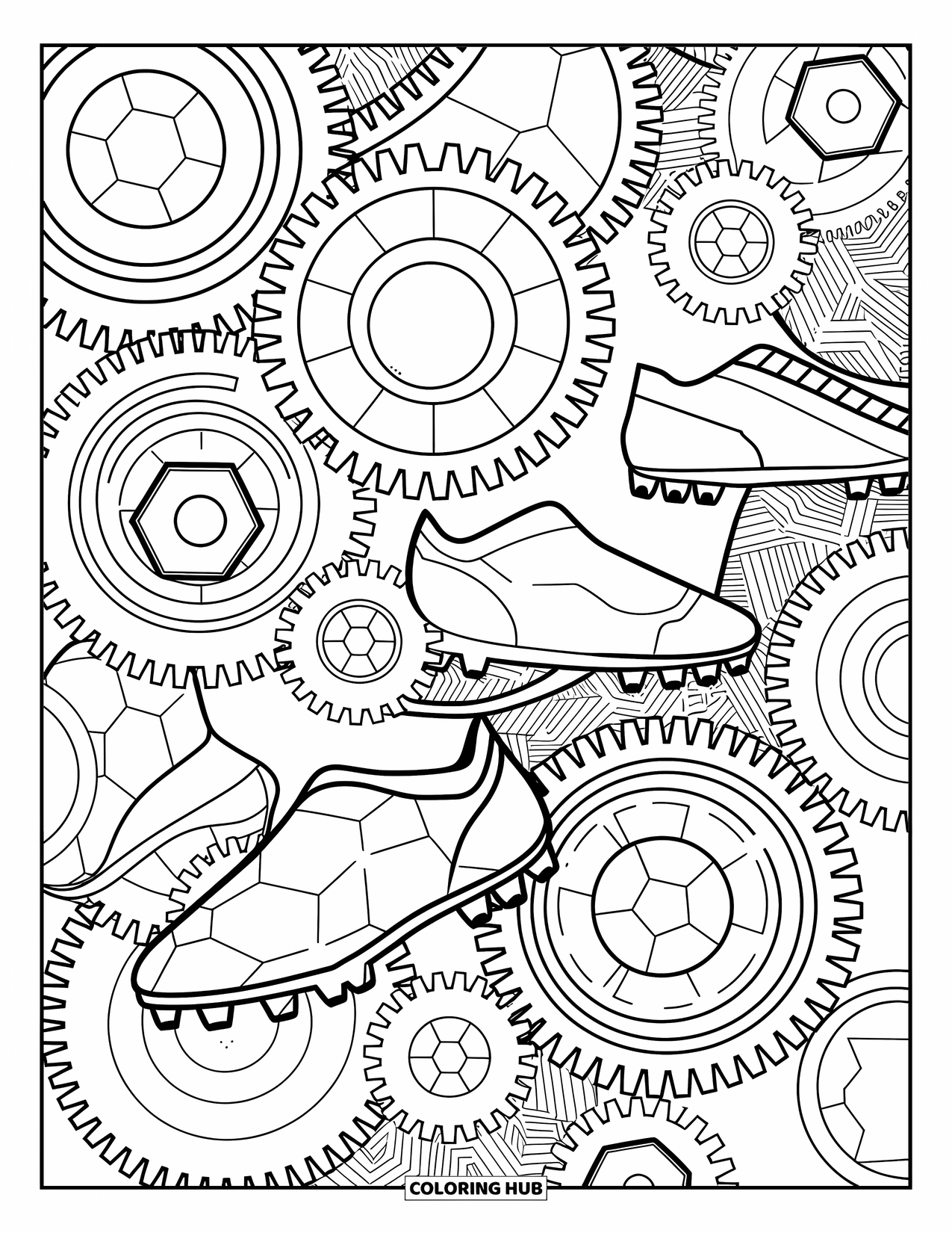 Voetbal Kleurplaat voor Volwassenen: Tandwielen en voetbalvormen versmelten als schoenen, ballen en shirts een mechanisch geïnspireerd ontwerp vormen