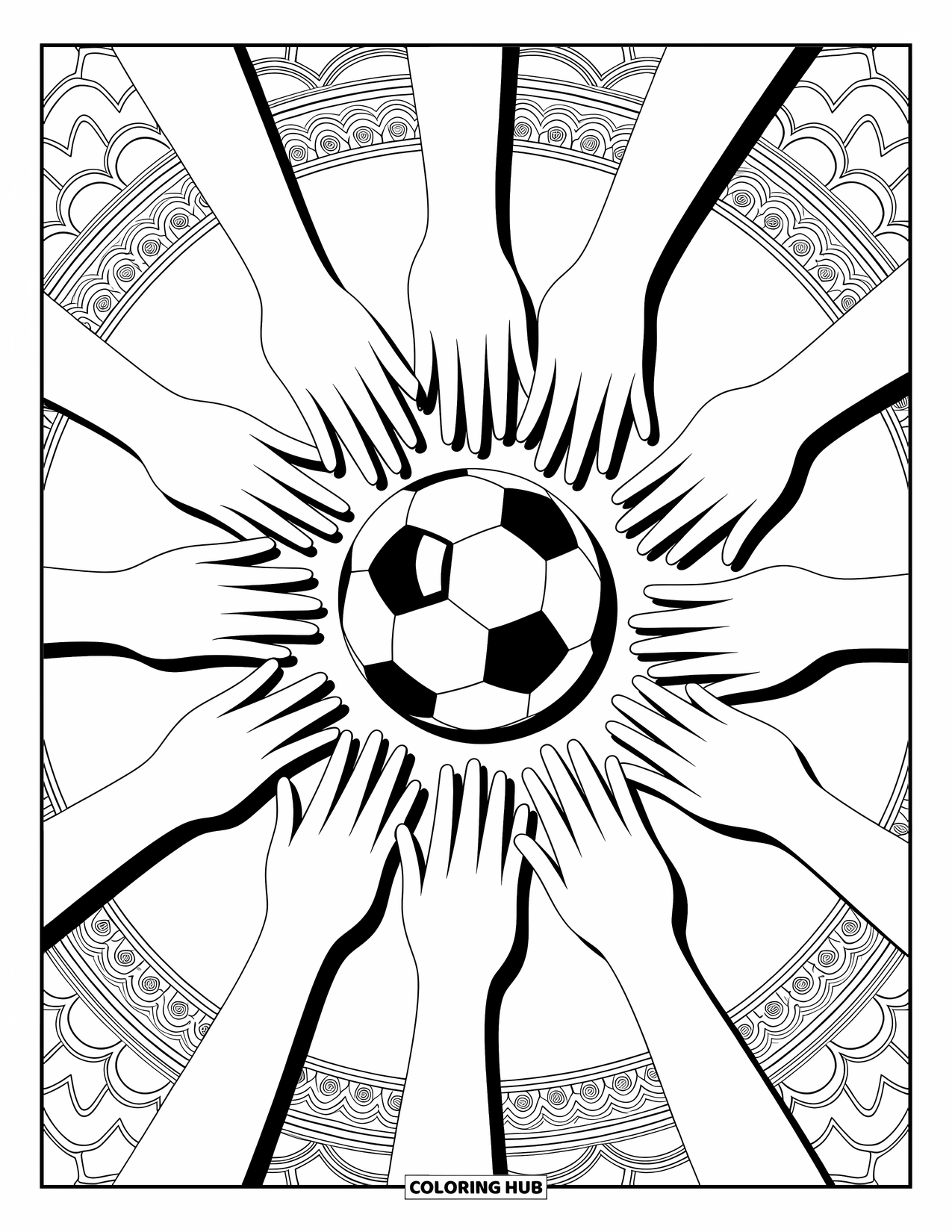 Voetbal Kleurplaat voor Volwassenen: In elkaar grijpende handen en een voetbal zitten in een rijk patroon en rustgevend ontwerp