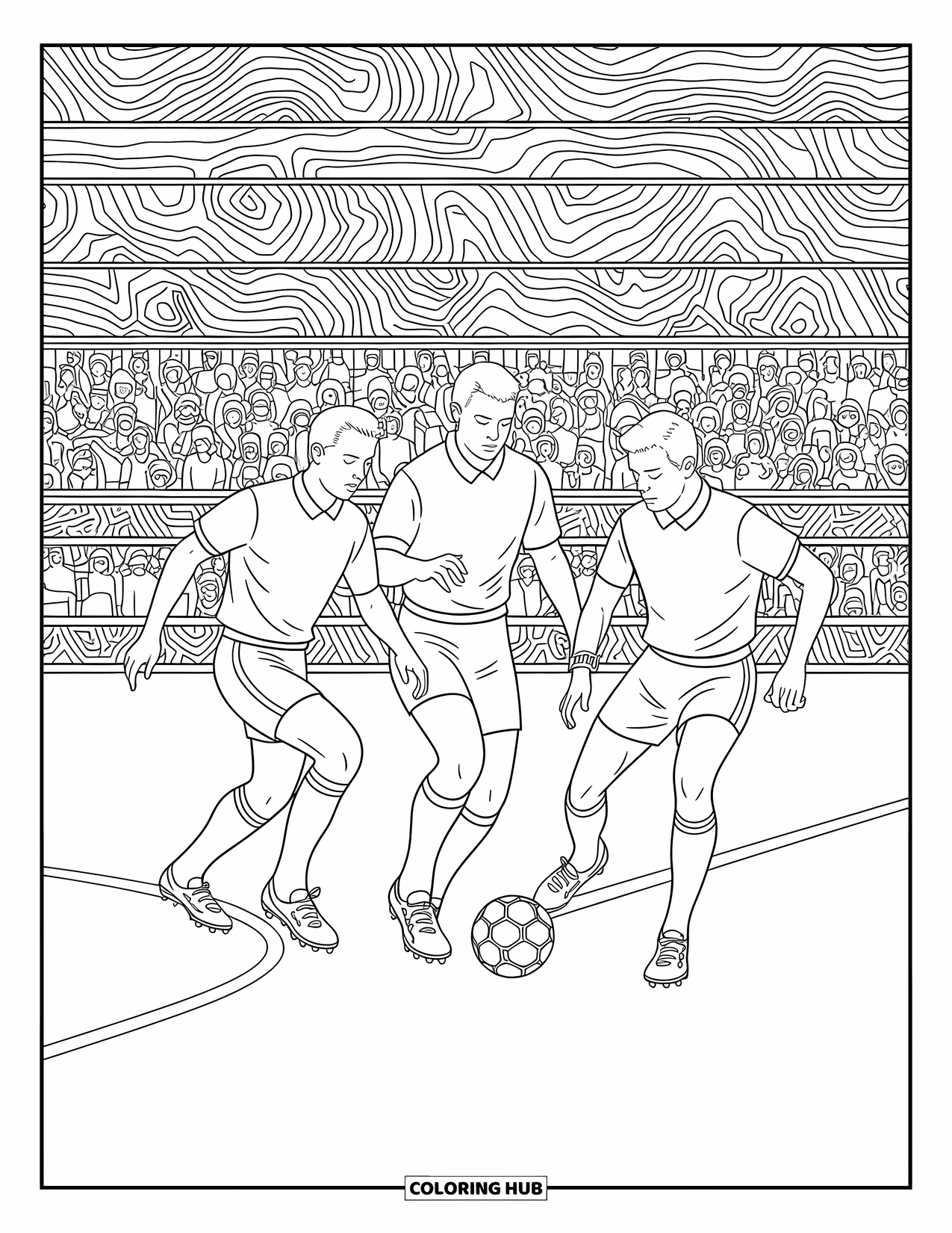 Voetbal Kleurplaat voor Volwassenen: Spelers in retro shirts en schoenen jagen op een leren bal in een nostalgische voetbalscène