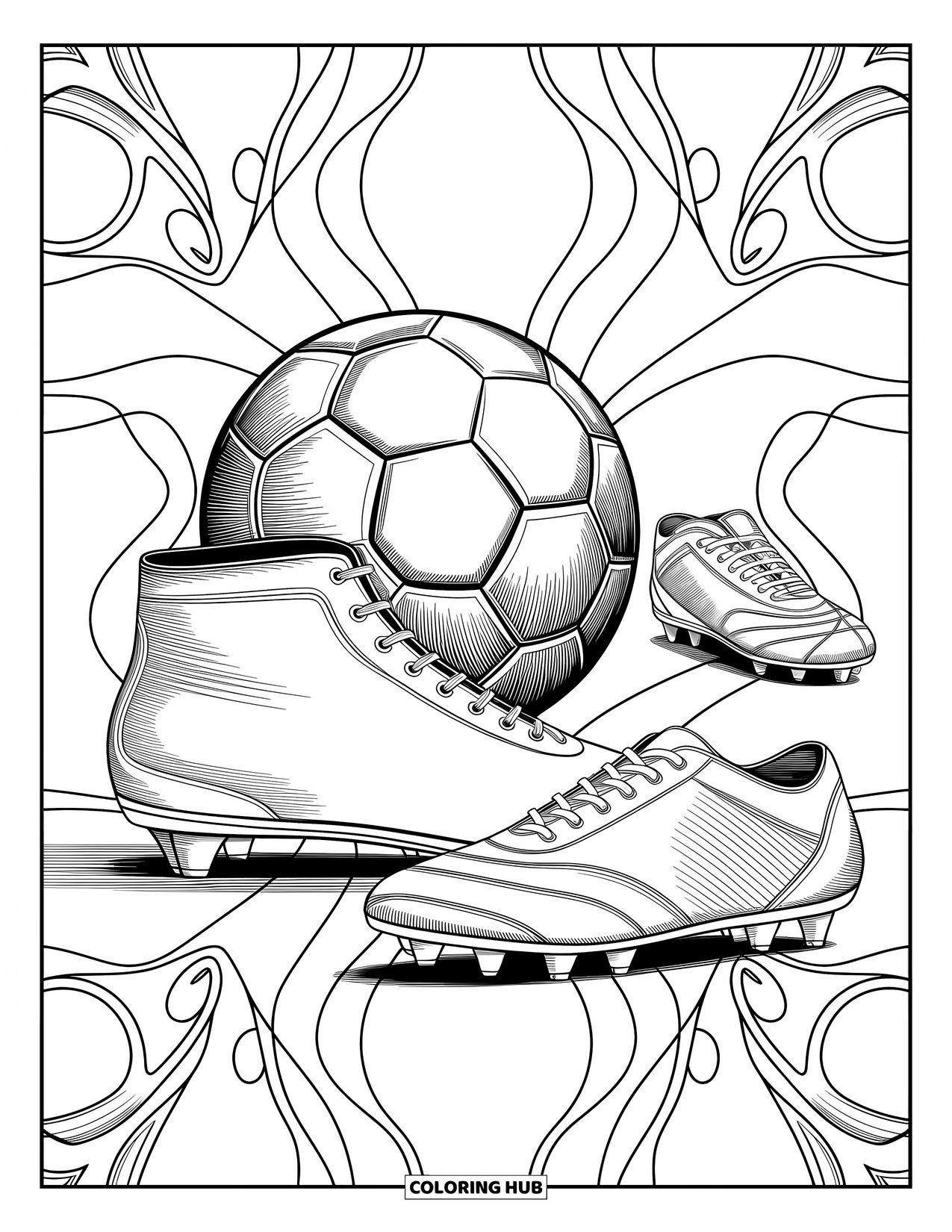 Voetbal Kleurplaat voor Volwassenen: Retro geklede spelers trappen een leren bal over een veld met patroon met een ouderwets stadion op de achtergrond