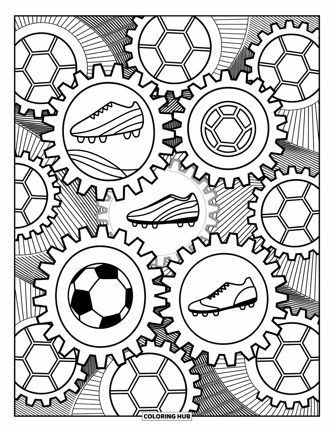 Voetbal Kleurplaat voor Volwassenen: Voetbalspullen gaan over in tandwielen in een complex patroon van heldere lijnen en mechanische vormen
