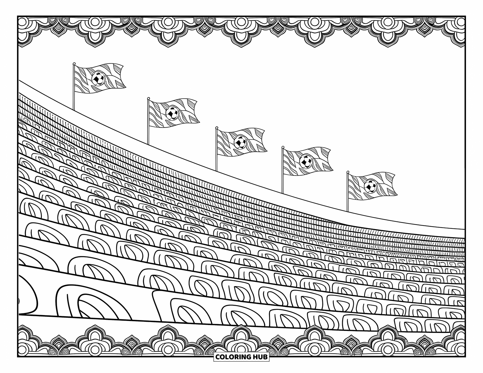 Voetbal Kleurplaat voor Volwassenen: Tribunes gevuld met patronen en zwaaiende vlaggen creëren een gedurfde, architectonische voetbalscène
