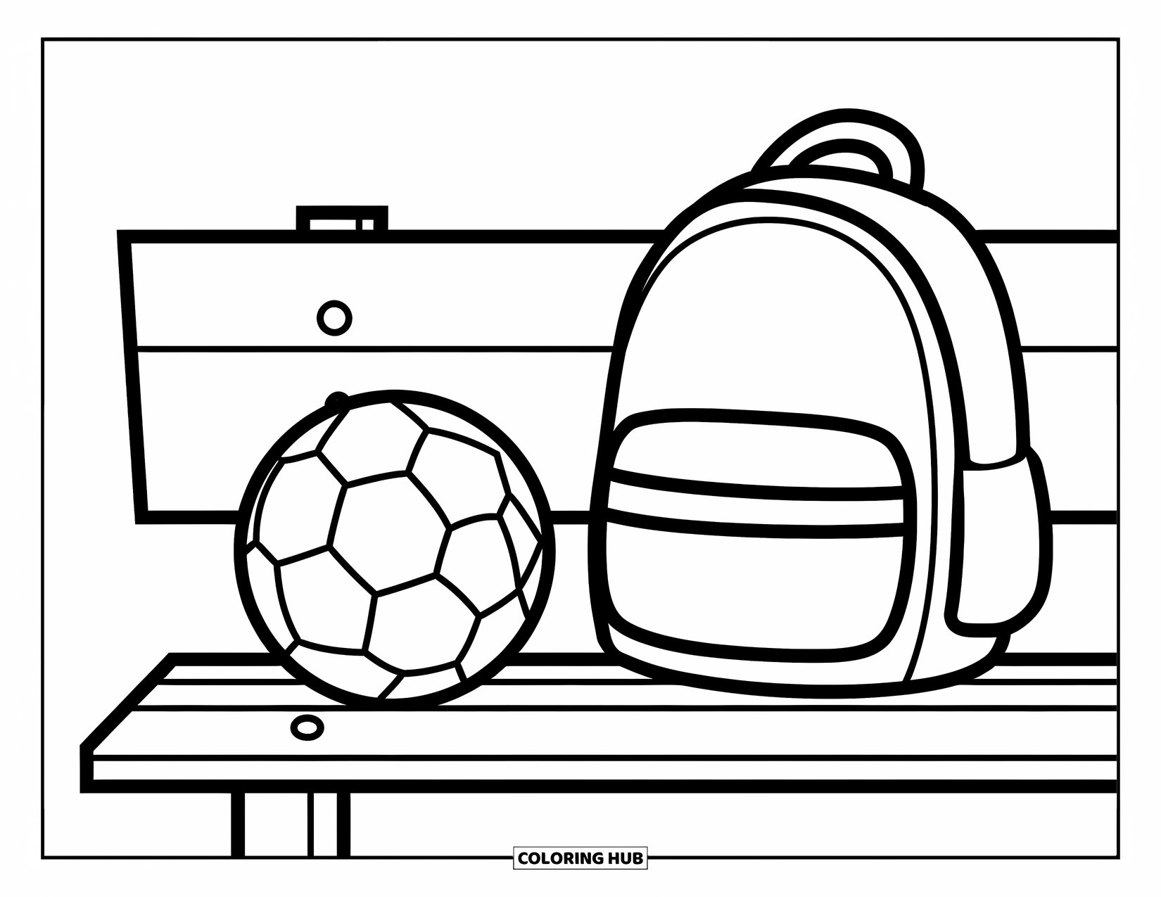 Voetbal Kleurplaat voor Kinderen: Een rugzak staat naast een voetbal op een bankje