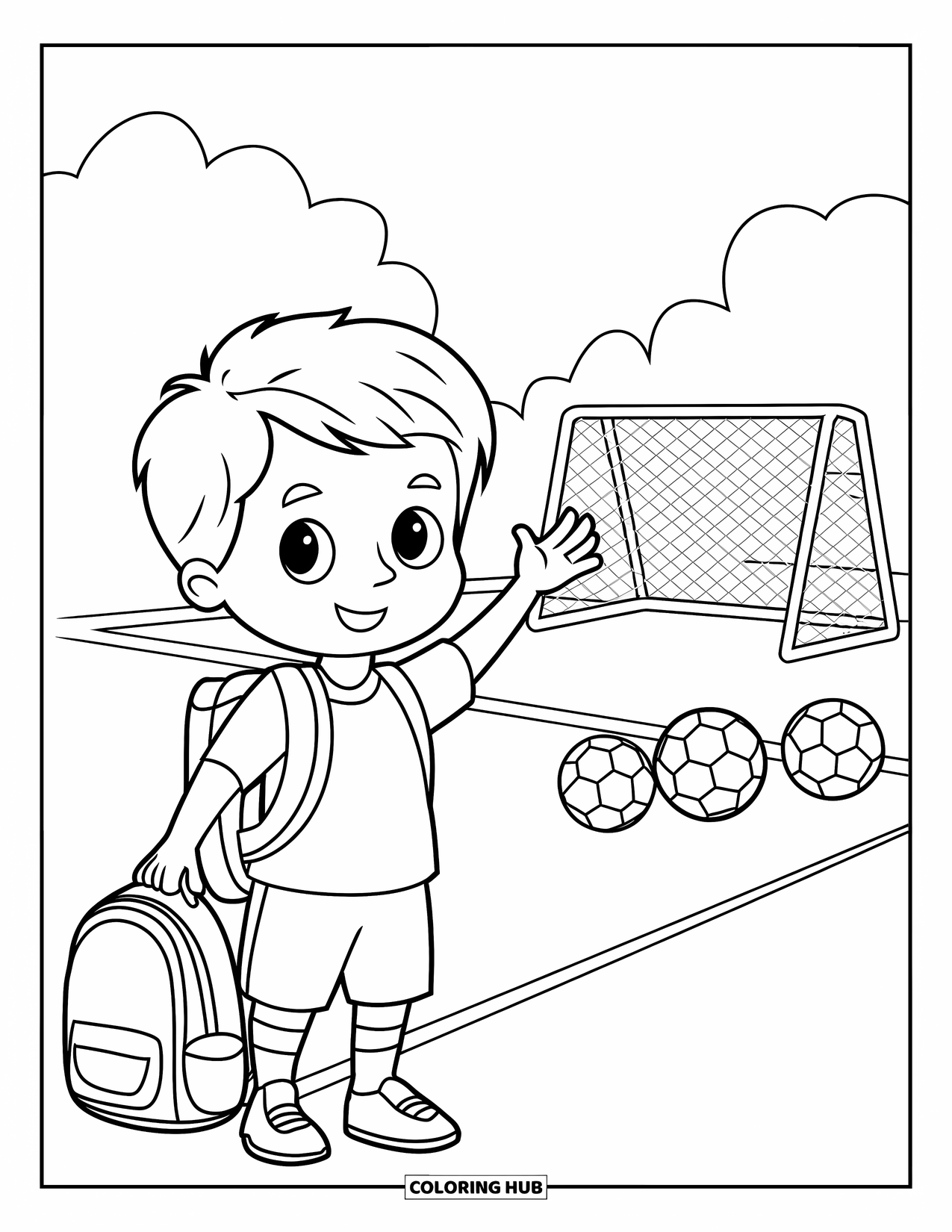Voetbal Kleurplaat voor Kinderen: Een kind met een rugzak zwaait op een veld met voetballen en een verafgelegen doel