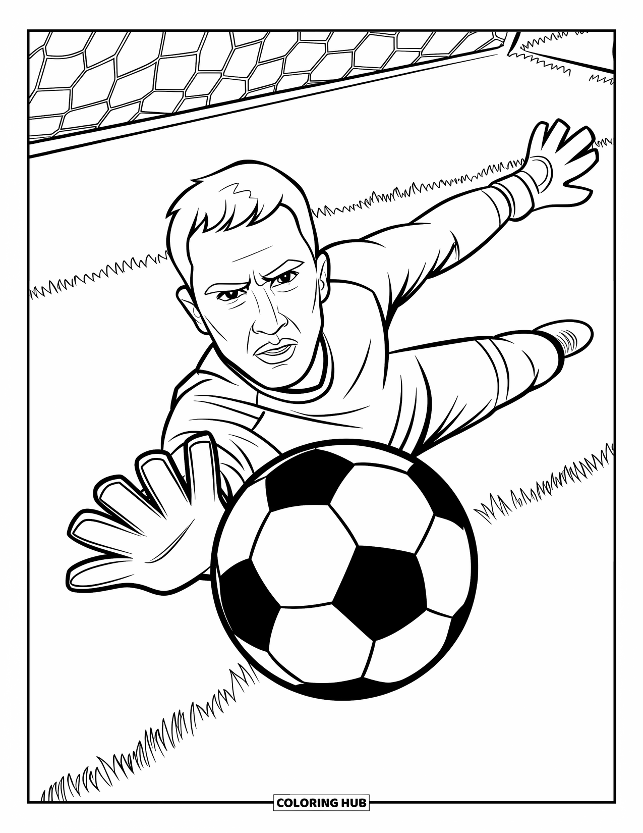 Voetbal Kleurplaat voor Kinderen: Een bal zweeft boven de hand van een duikende keeper op een afgelijnd grasvoetbalveld